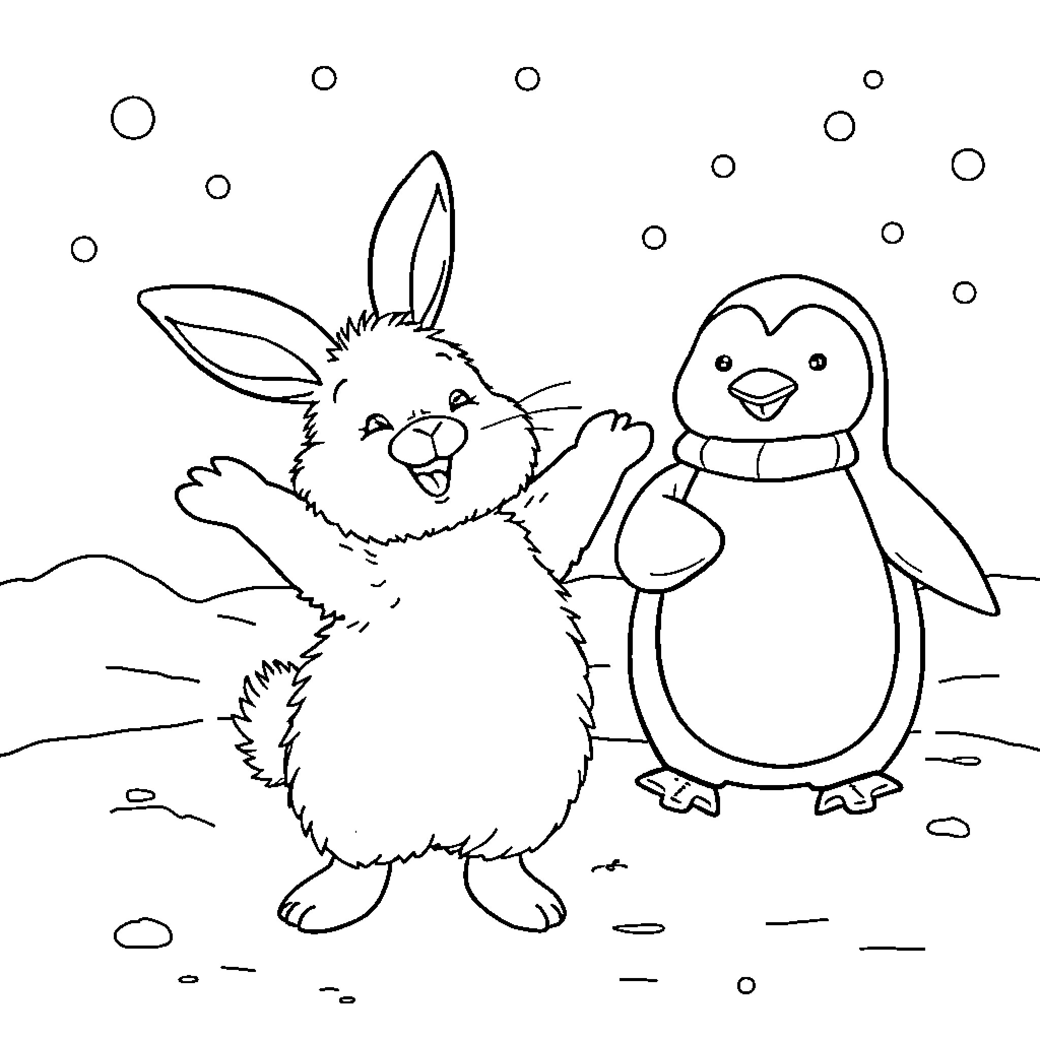 Rabbit and Penguin Enjoying Snowy Day Coloring Page (free black-and-white line drawing printable PDF for all, from beginners to advanced learners, including children, teens, adults, and seniors)