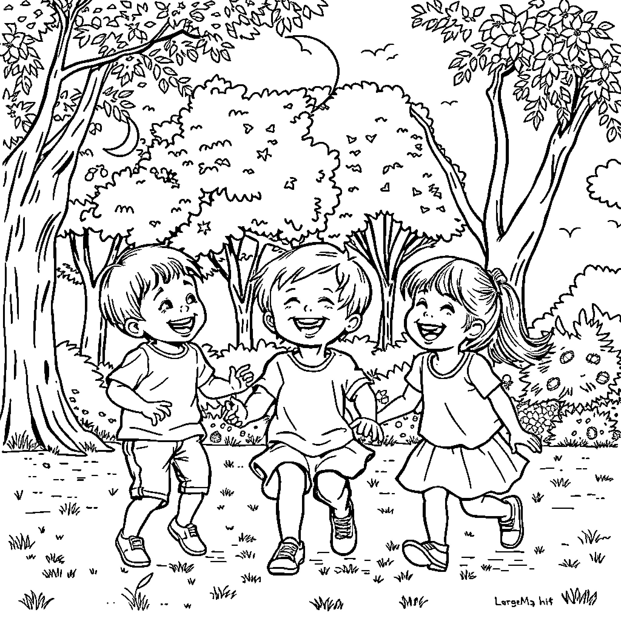 Squeal of Children Playing Joyfully in the Park Coloring Page (free black-and-white line drawing printable PDF for all, from beginners to advanced learners, including children, teens, adults, and seniors)