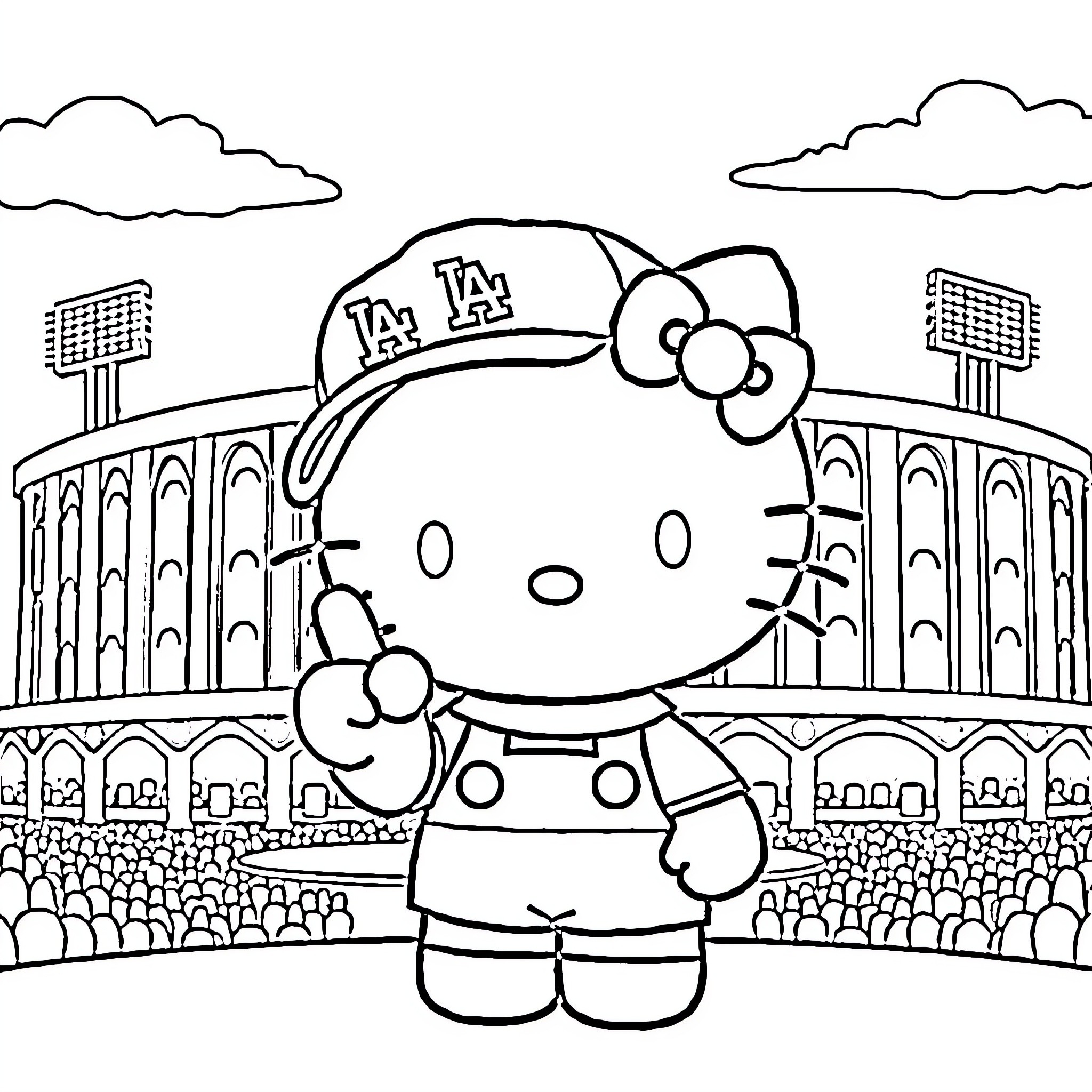 Hello Kitty at the Baseball Stadium Coloring Page (free black-and-white line drawing printable PDF for all, from beginners to advanced learners, including children, teens, adults, and seniors)
