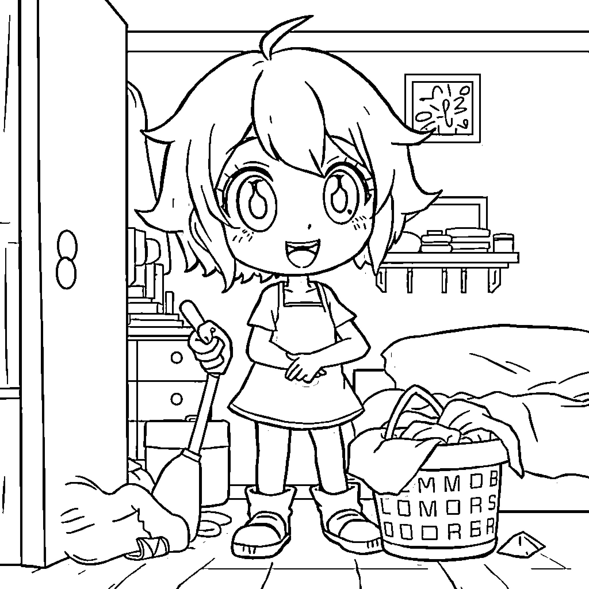 Anime Character in Messy Bedroom Coloring Page (free black-and-white line drawing printable PDF for all, from beginners to advanced learners, including children, teens, adults, and seniors)