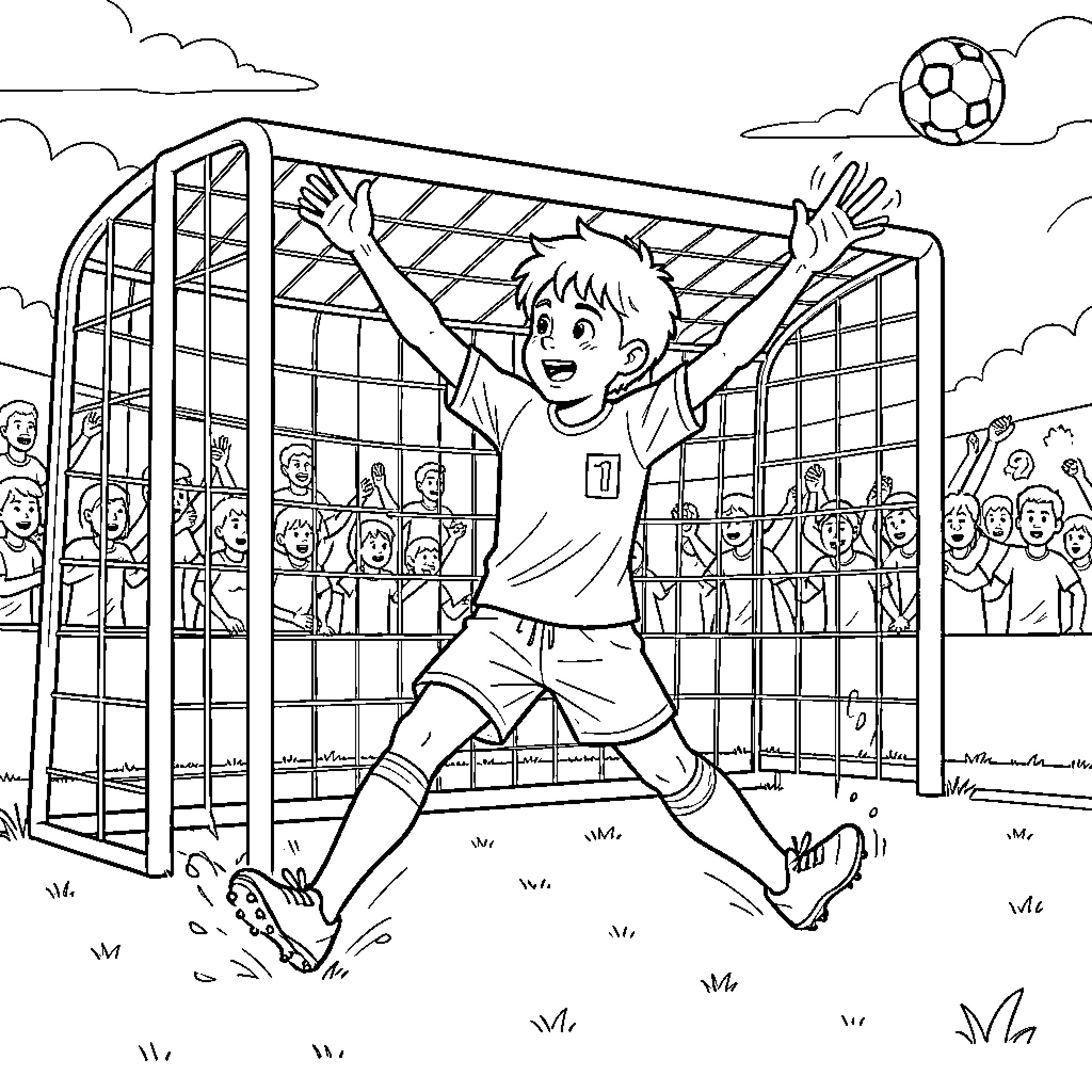 Soccer goalkeeper jumping to catch a flying ball Coloring Page (free black-and-white line drawing printable PDF for all, from beginners to advanced learners, including children, teens, adults, and seniors)