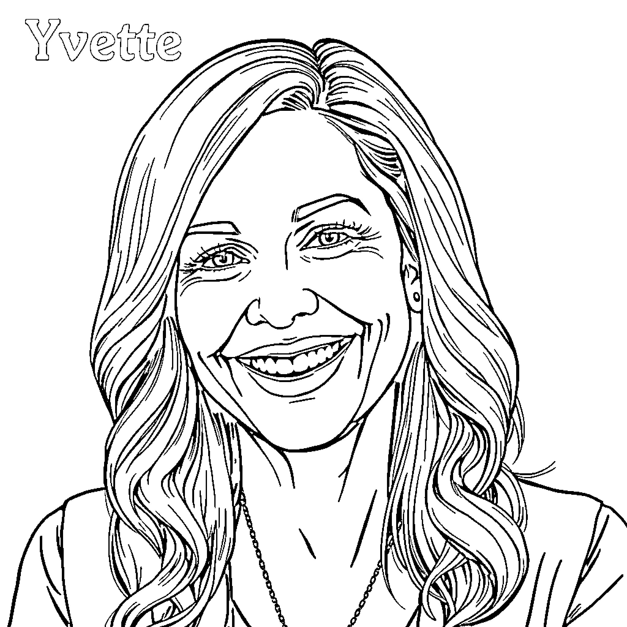 Yvette's Warm Smile and Flowing Hair Coloring Page (free black-and-white line drawing printable PDF for all, from beginners to advanced learners, including children, teens, adults, and seniors)