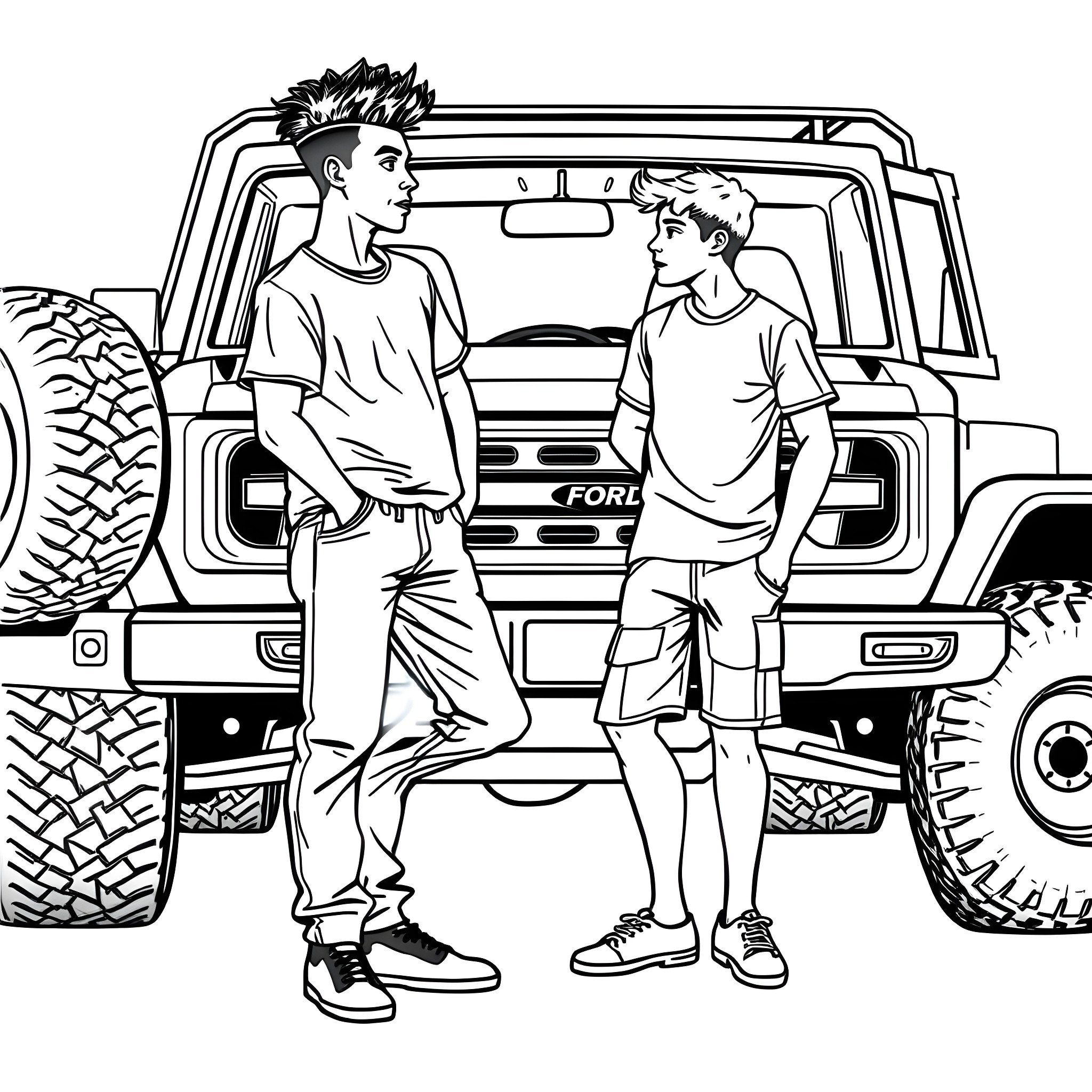 Teen Guys Hanging Out by a Rugged Truck Coloring Page (free black-and-white line drawing printable PDF for all, from beginners to advanced learners, including children, teens, adults, and seniors)