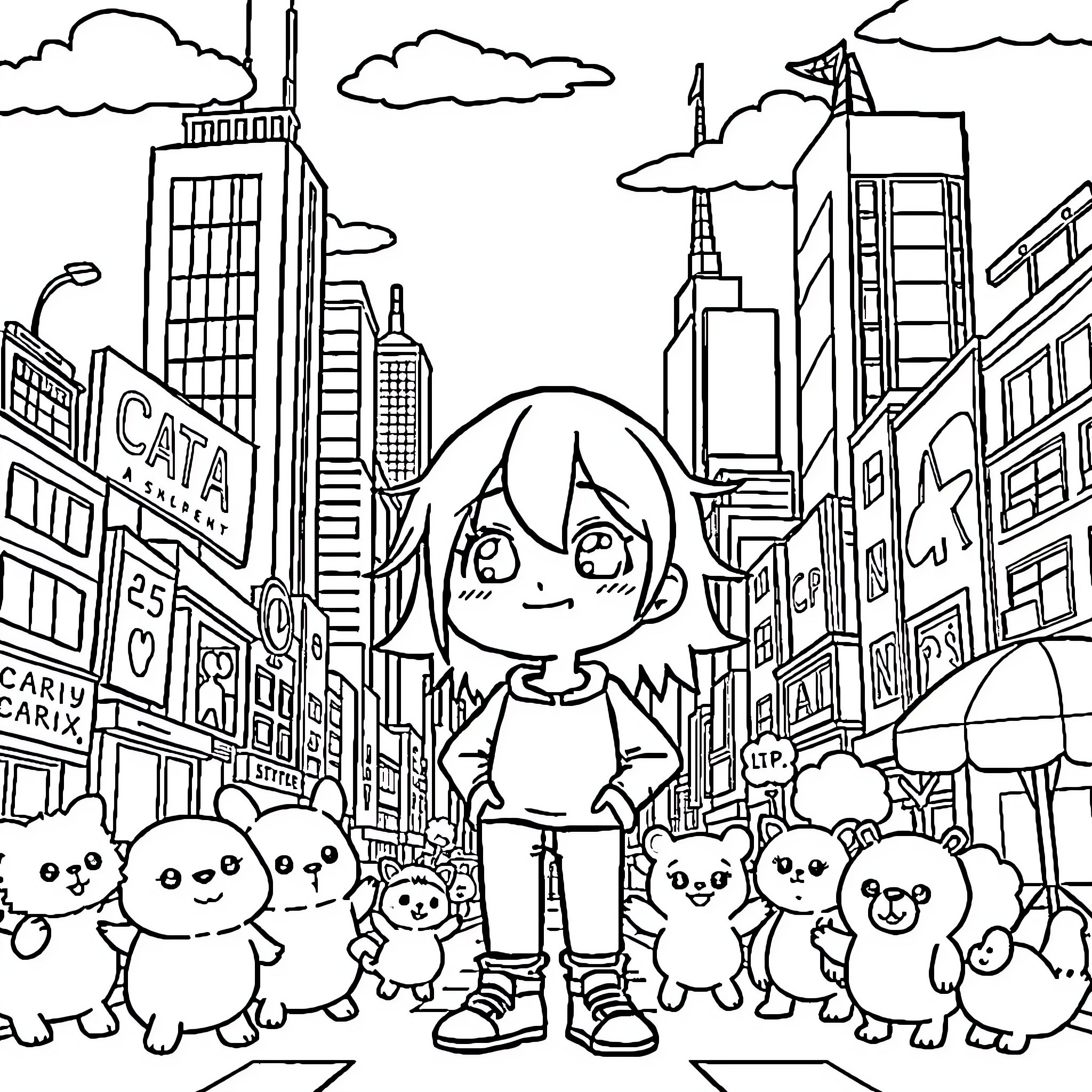 Anime Girl Surrounded by Cute Creatures in the City Coloring Page (free black-and-white line drawing printable PDF for all, from beginners to advanced learners, including children, teens, adults, and seniors)