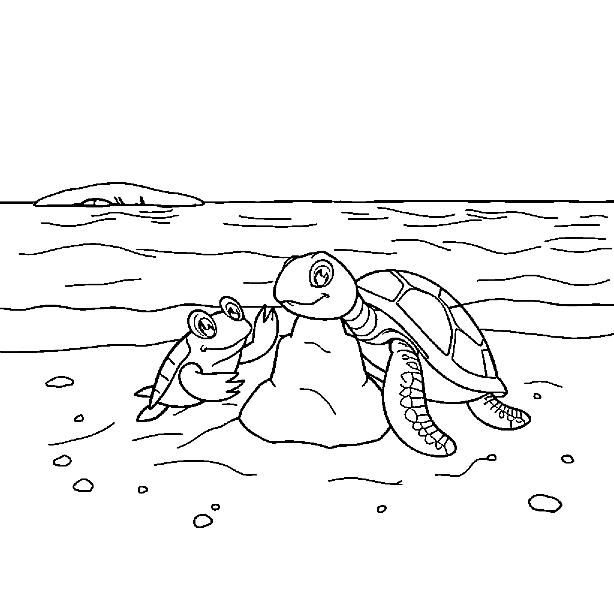 Crab interacting with aquatic creature on beach Coloring Page (free black-and-white line drawing printable PDF for all, from beginners to advanced learners, including children, teens, adults, and seniors)