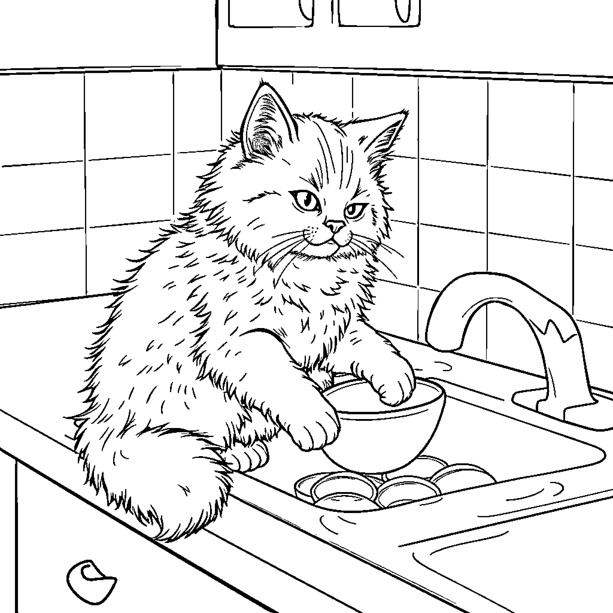 Cat washing dishes in the kitchen Coloring Page (free black-and-white line drawing printable PDF for all, from beginners to advanced learners, including children, teens, adults, and seniors)