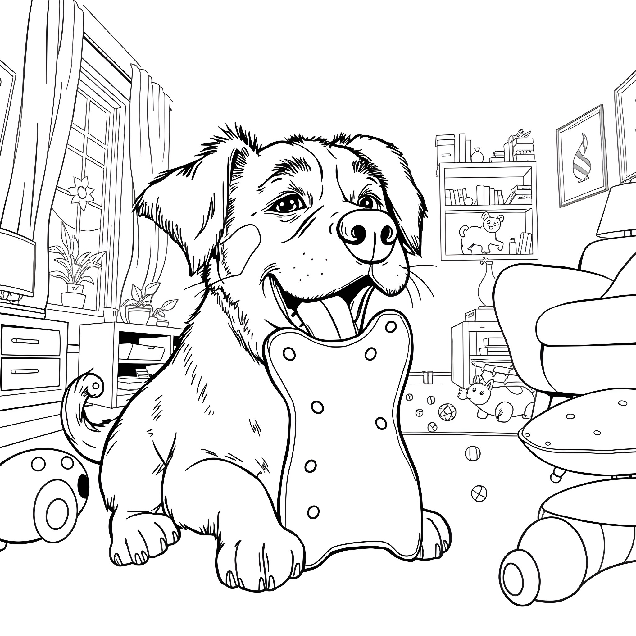 Dog Sitting Happily in Cozy Home Coloring Page (free black-and-white line drawing printable PDF for all, from beginners to advanced learners, including children, teens, adults, and seniors)