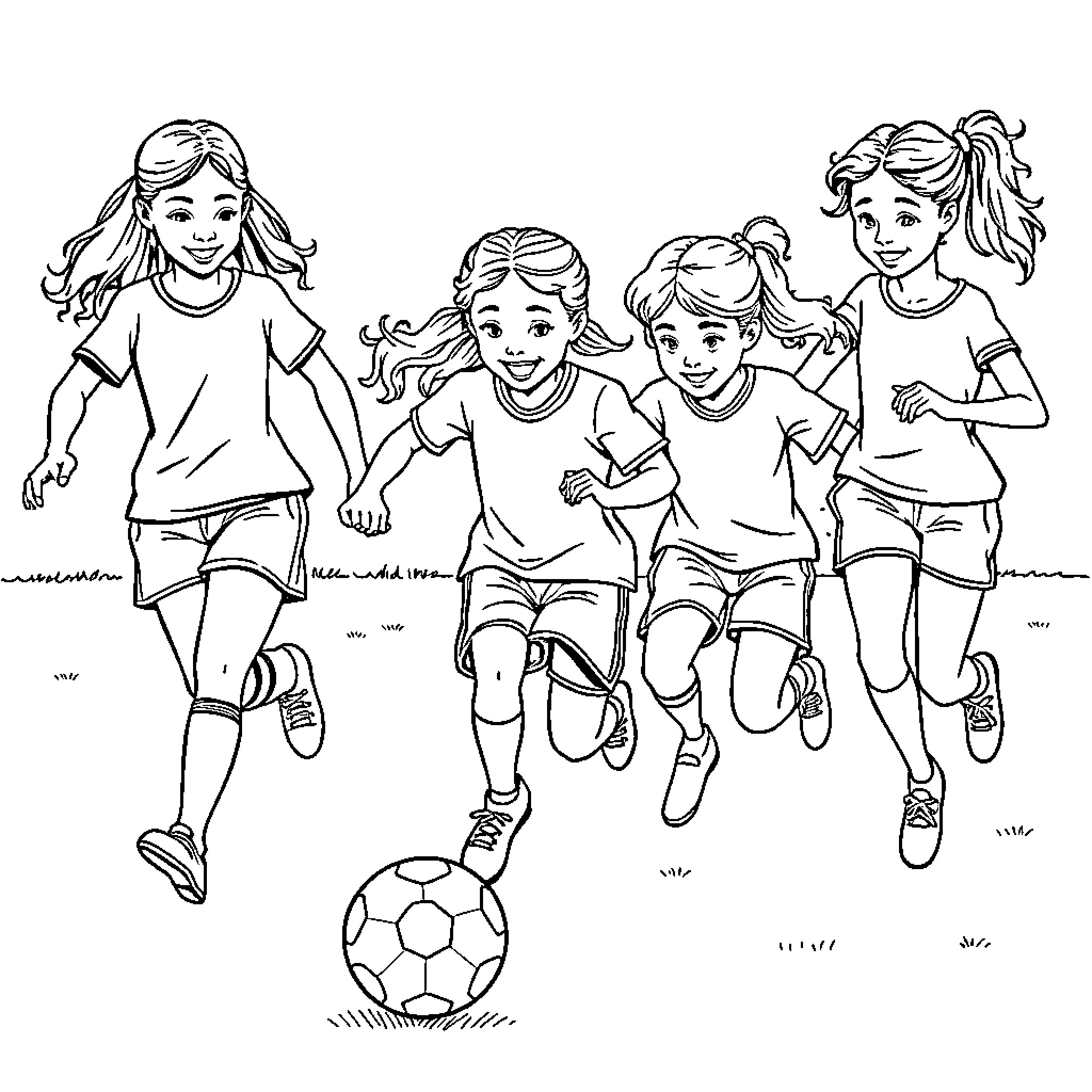 Girls playing happily with a soccer ball Coloring Page (free black-and-white line drawing printable PDF for all, from beginners to advanced learners, including children, teens, adults, and seniors)