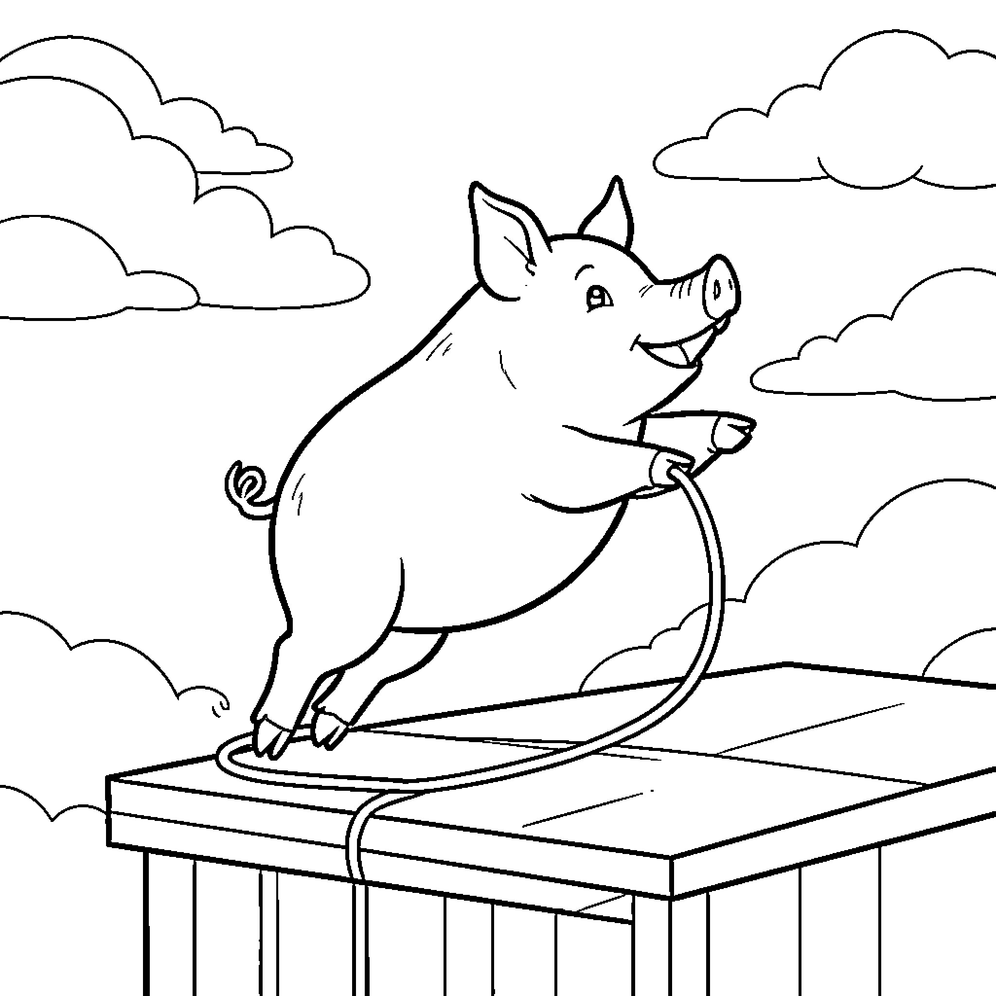 Pig jumping joyfully over a rope Coloring Page (free black-and-white line drawing printable PDF for all, from beginners to advanced learners, including children, teens, adults, and seniors)