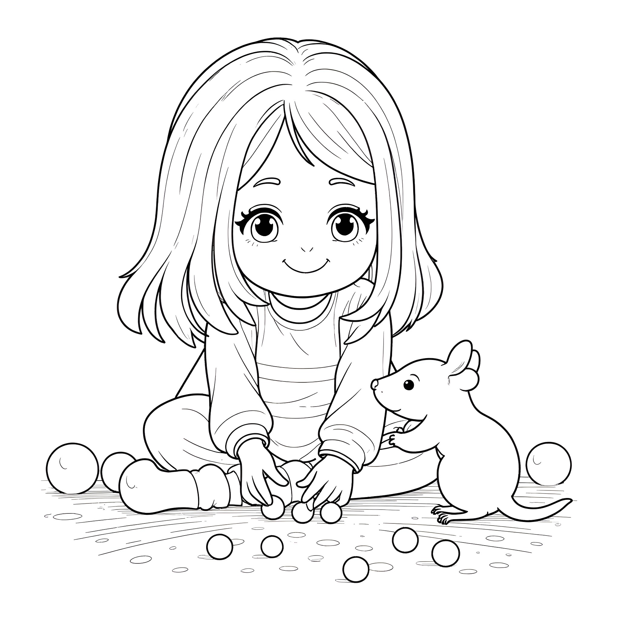 Girl playing with pet mouse on the floor Coloring Page (free black-and-white line drawing printable PDF for all, from beginners to advanced learners, including children, teens, adults, and seniors)