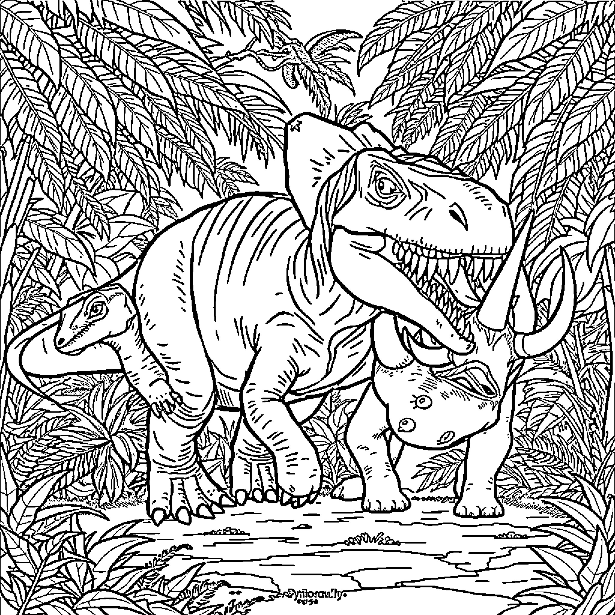 Dinosaurs roaming in lush jungle Coloring Page (free black-and-white line drawing printable PDF for all, from beginners to advanced learners, including children, teens, adults, and seniors)