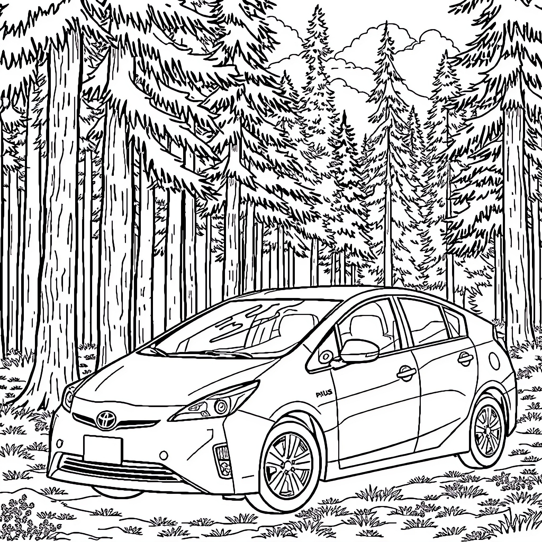 Prius in a serene forest landscape Coloring Page (free black-and-white line drawing printable PDF for all, from beginners to advanced learners, including children, teens, adults, and seniors)
