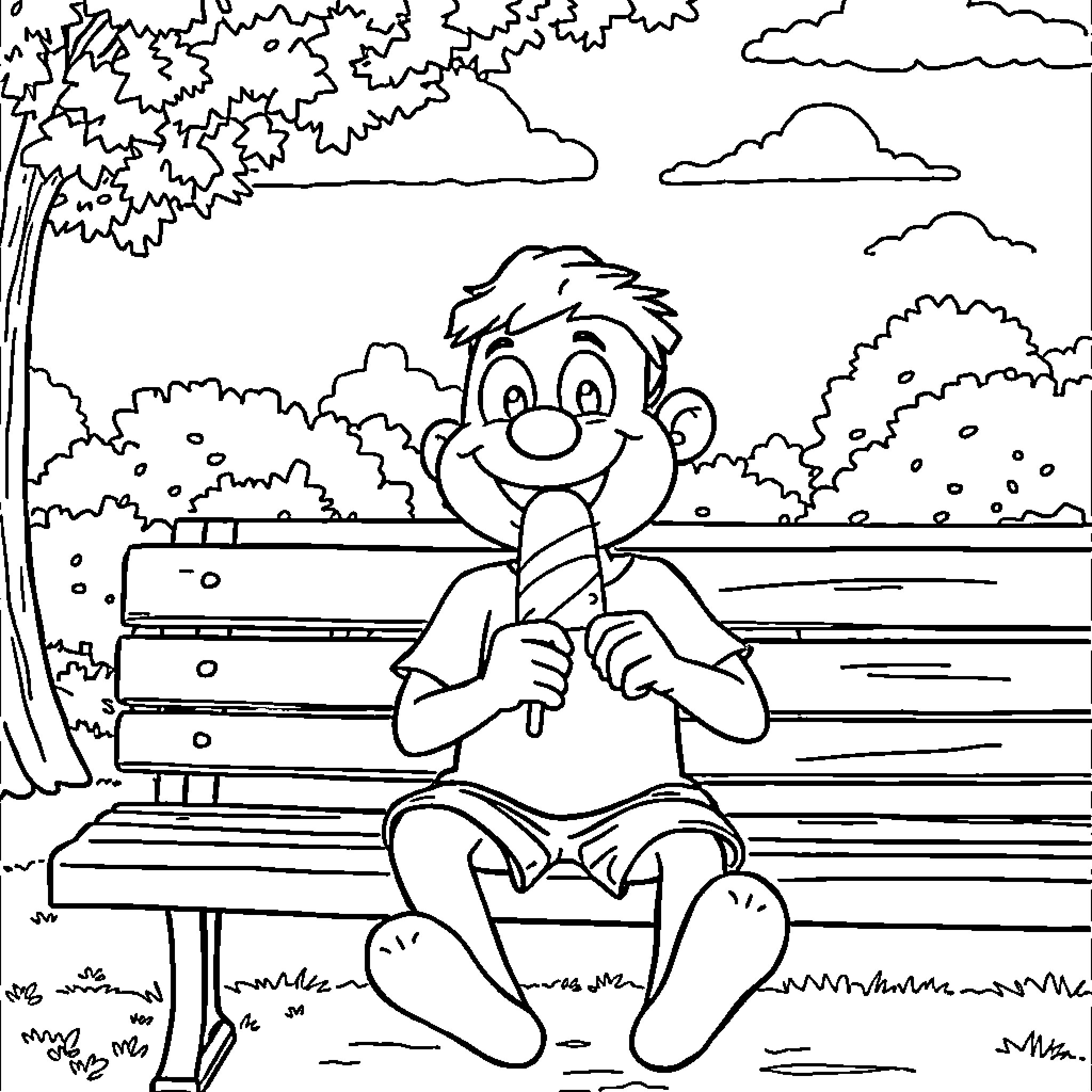 Dingus enjoys a relaxing day in the park Coloring Page (free black-and-white line drawing printable PDF for all, from beginners to advanced learners, including children, teens, adults, and seniors)