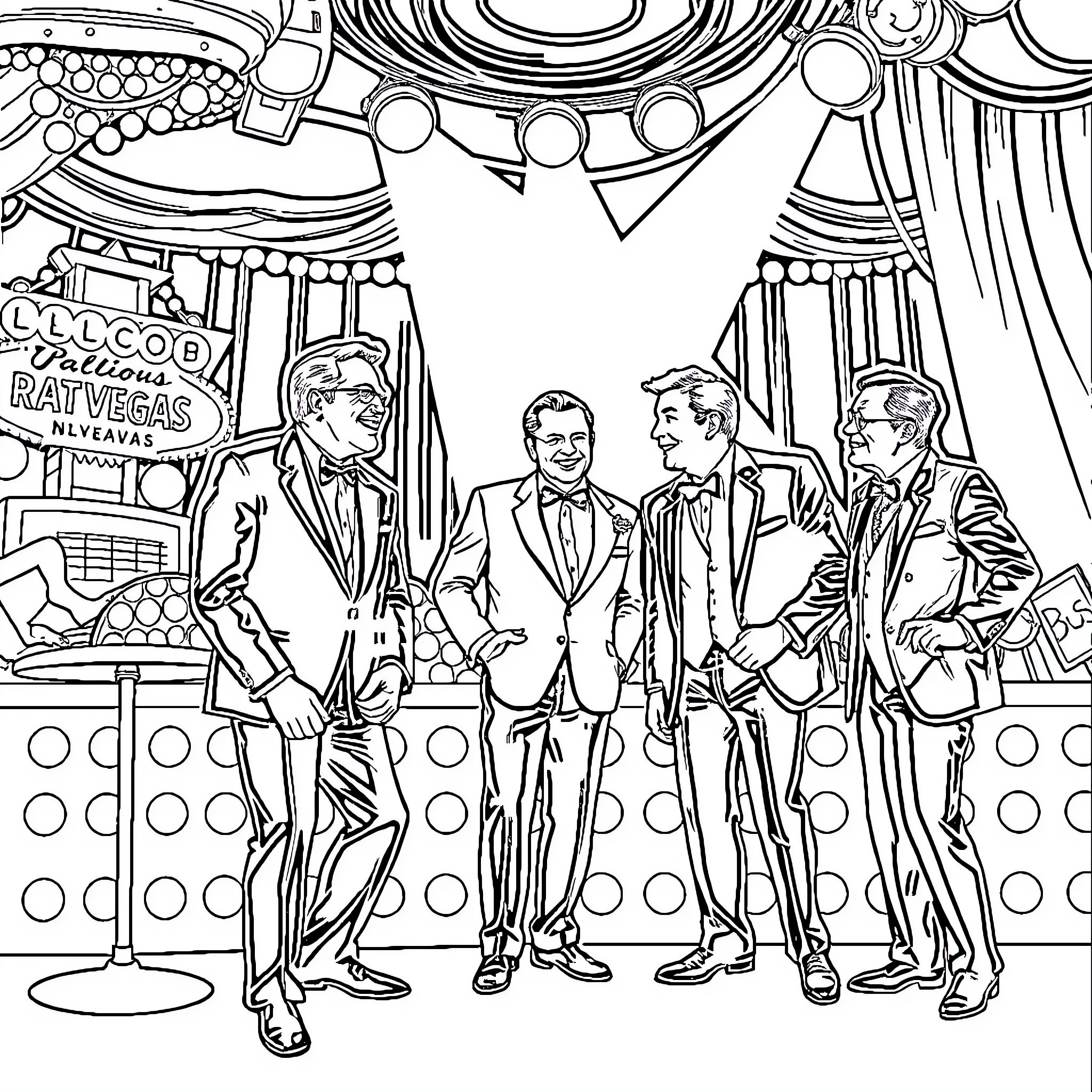 Rat Pack Performing on Stage in Formal Attire Coloring Page (free black-and-white line drawing printable PDF for all, from beginners to advanced learners, including children, teens, adults, and seniors)