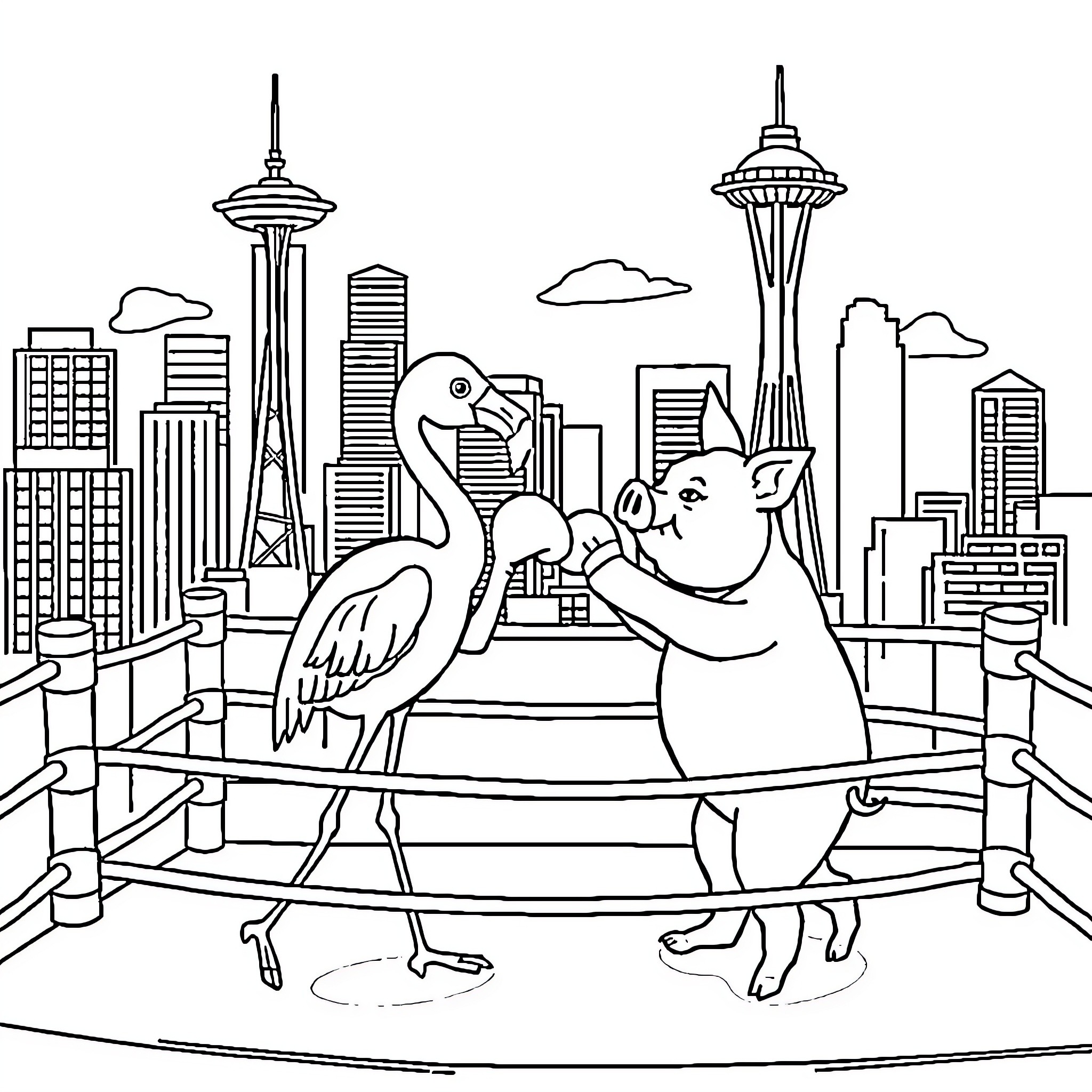 Flamingo and pig dancing in Seattle skyline Coloring Page (free black-and-white line drawing printable PDF for all, from beginners to advanced learners, including children, teens, adults, and seniors)