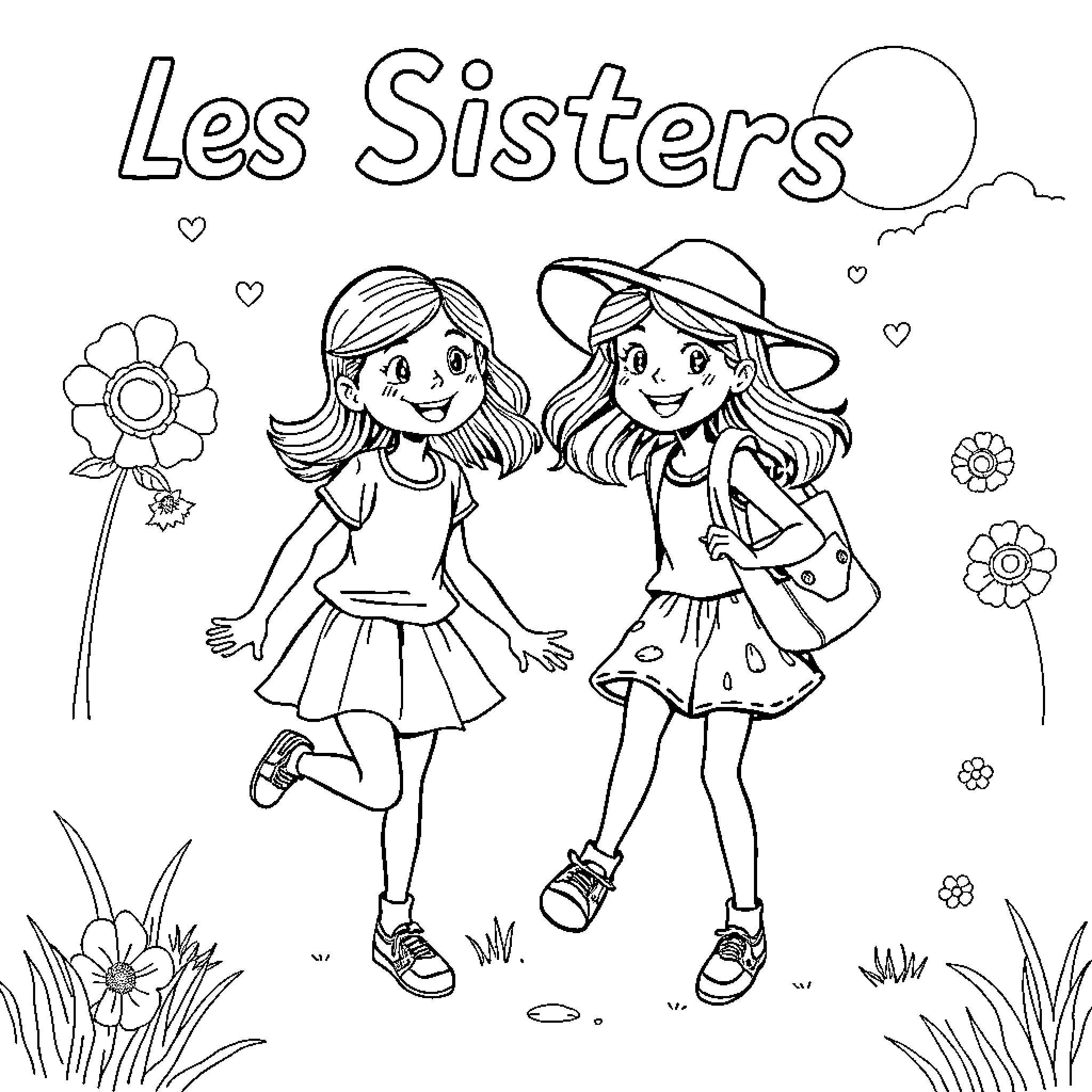 Sister Duo Enjoying Outdoor Adventure Coloring Page (free black-and-white line drawing printable PDF for all, from beginners to advanced learners, including children, teens, adults, and seniors)