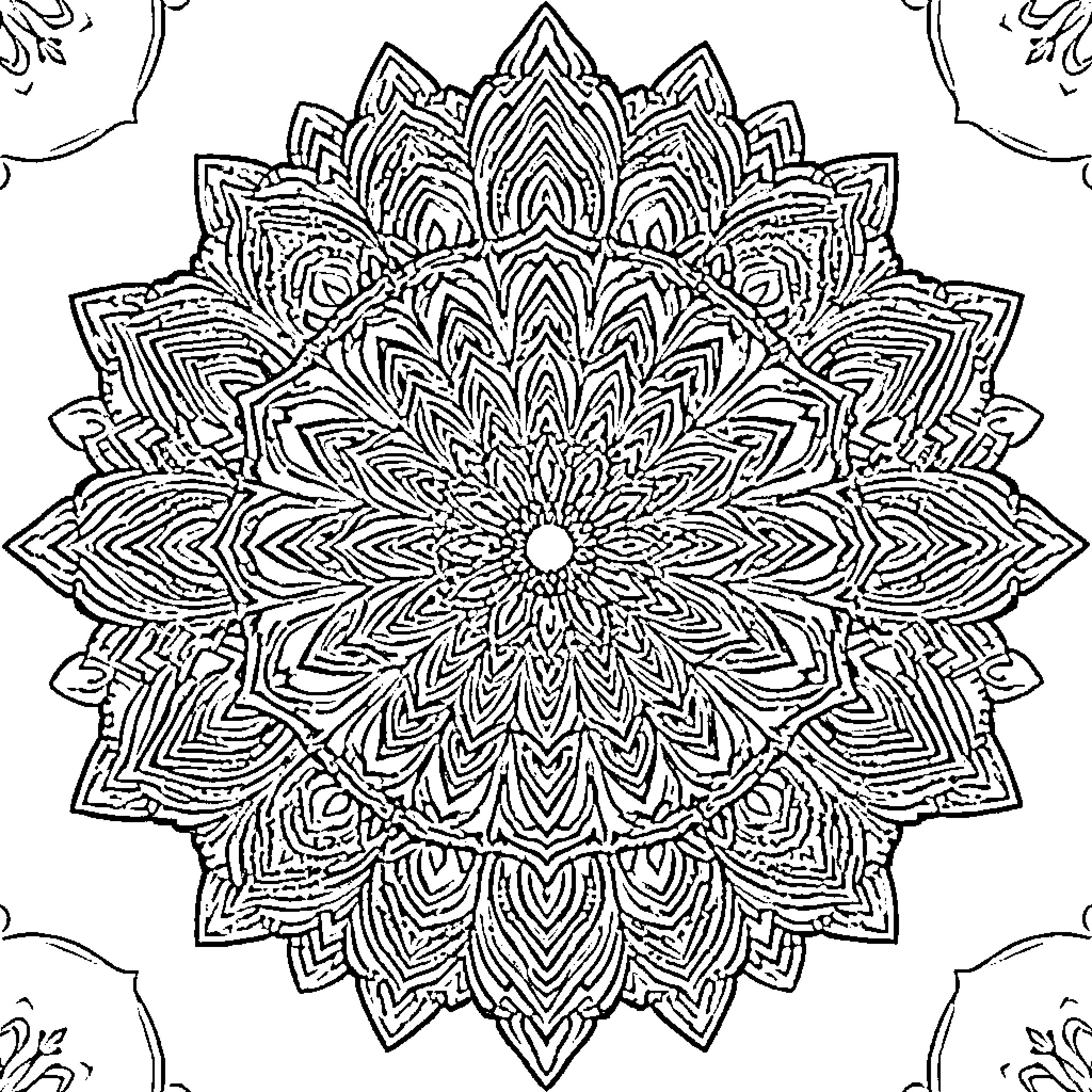 Mandala of intricate geometric patterns Coloring Page (free black-and-white line drawing printable PDF for all, from beginners to advanced learners, including children, teens, adults, and seniors)