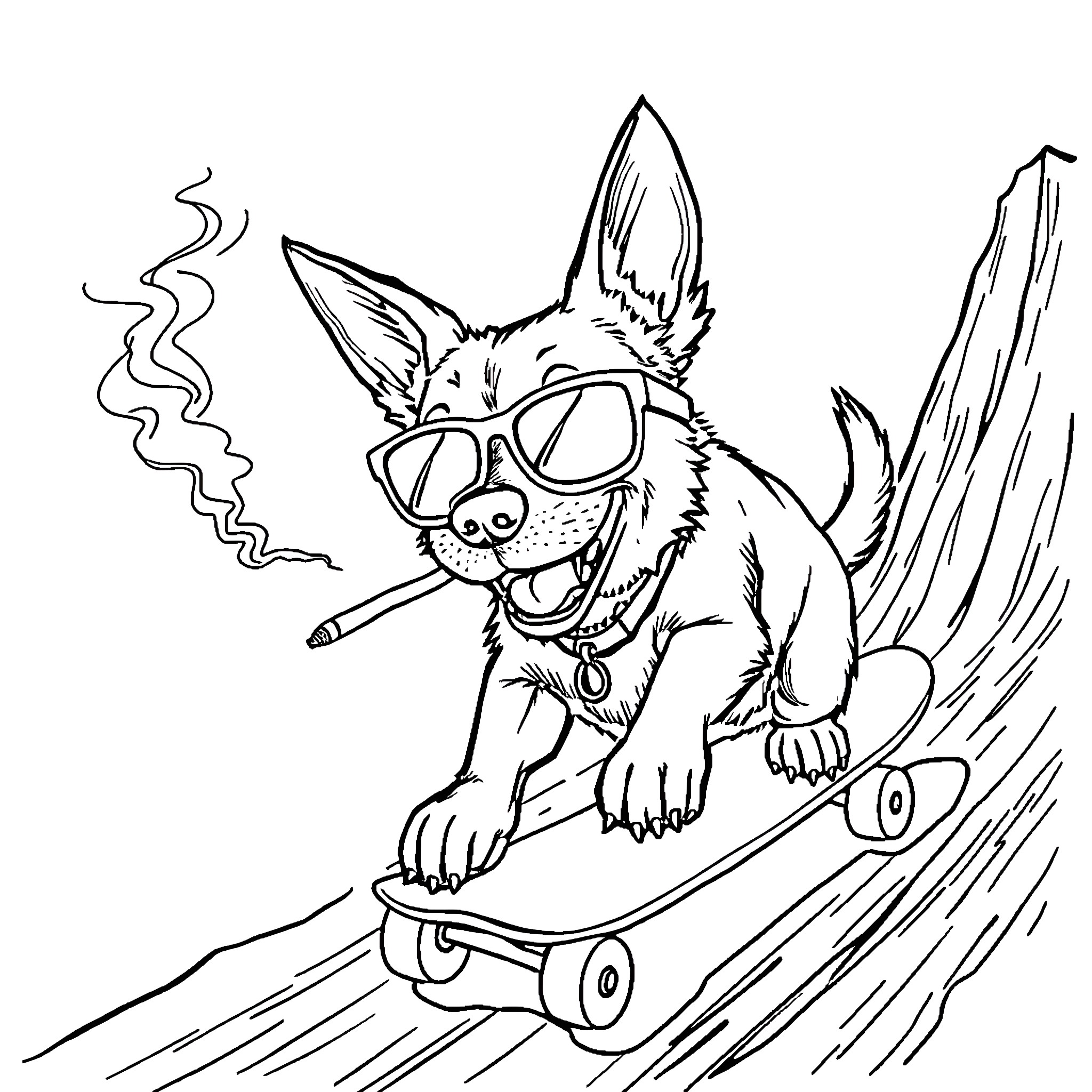 Dog skateboarding with sunglasses and a cigarette Coloring Page (free black-and-white line drawing printable PDF for all, from beginners to advanced learners, including children, teens, adults, and seniors)
