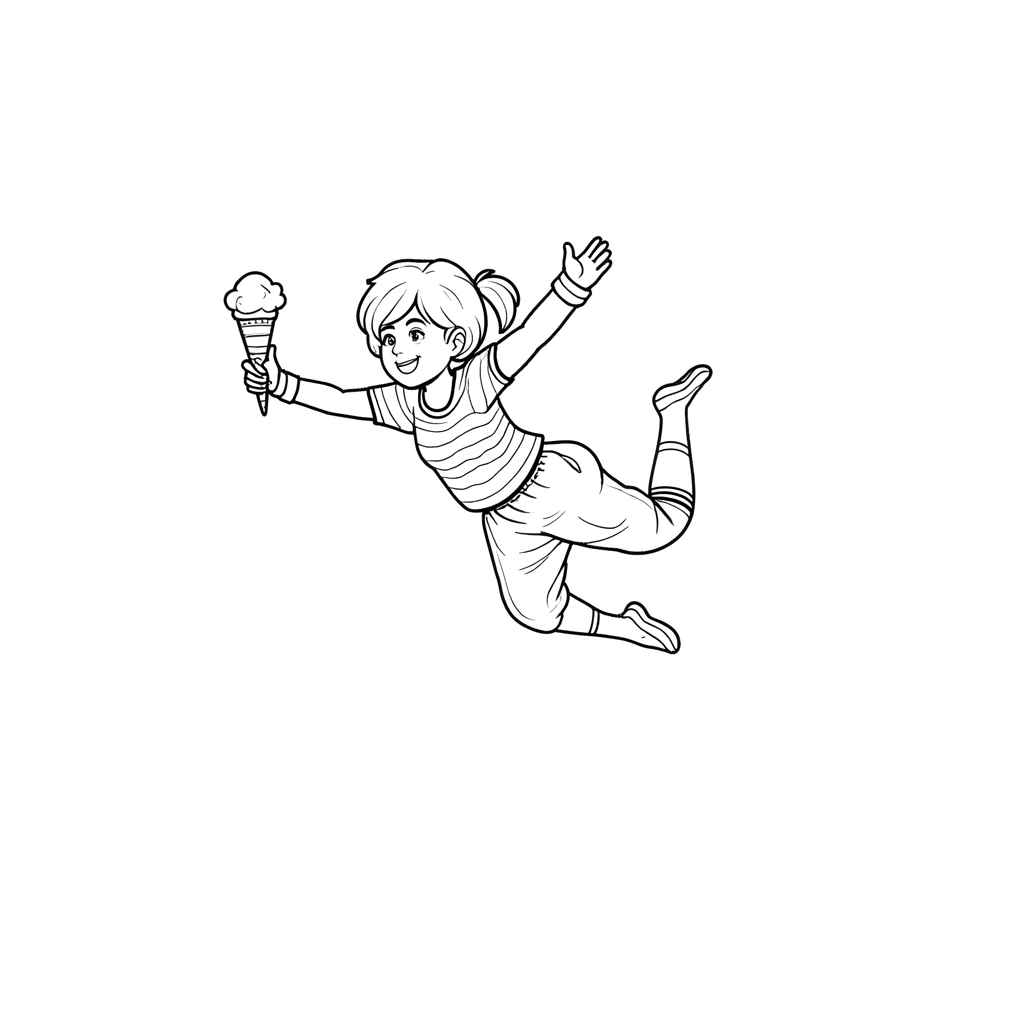Girl Enjoying Ice Cream and Jumping in Joy Coloring Page (free black-and-white line drawing printable PDF for all, from beginners to advanced learners, including children, teens, adults, and seniors)