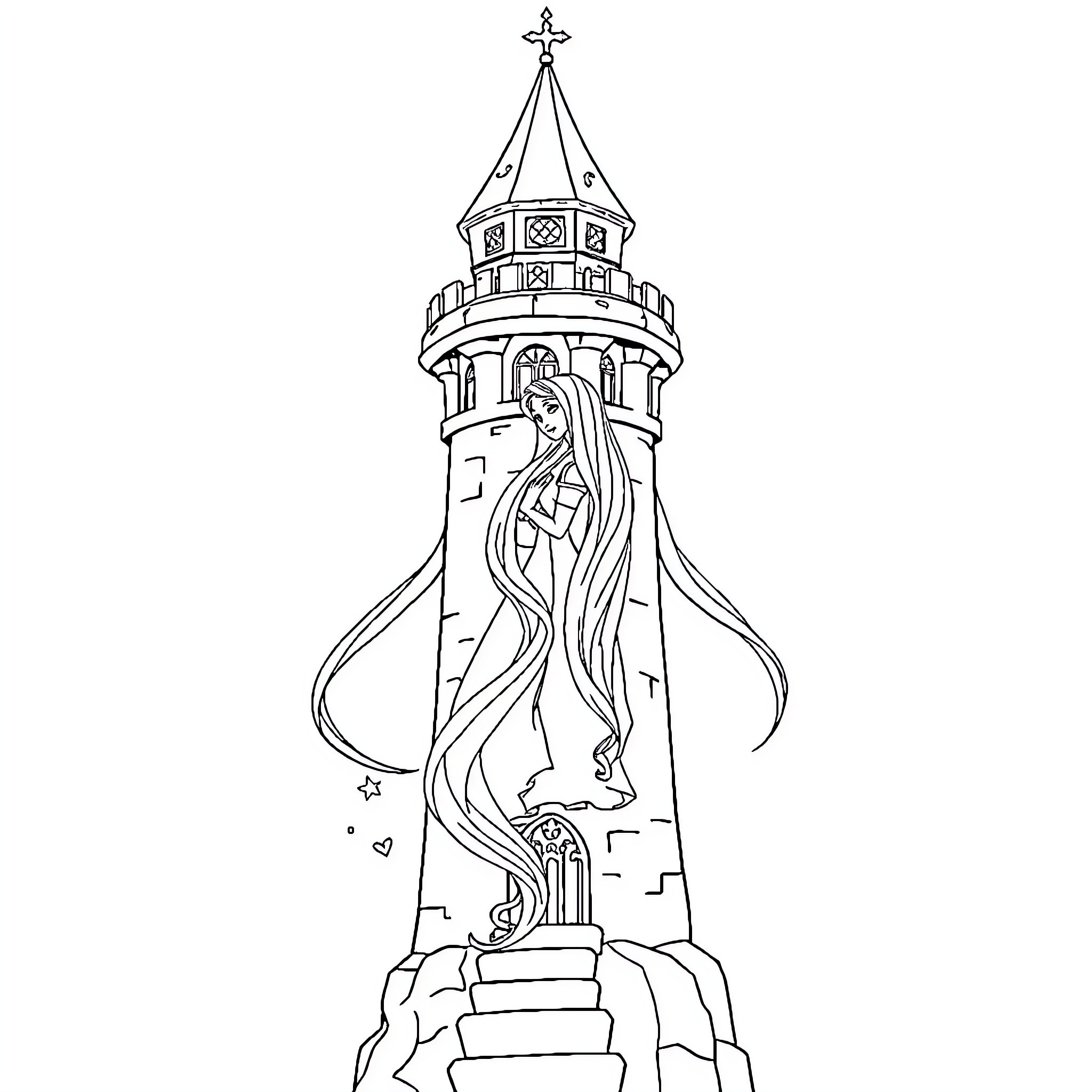 Rapunzel in the enchanted tower Coloring Page (free black-and-white line drawing printable PDF for all, from beginners to advanced learners, including children, teens, adults, and seniors)