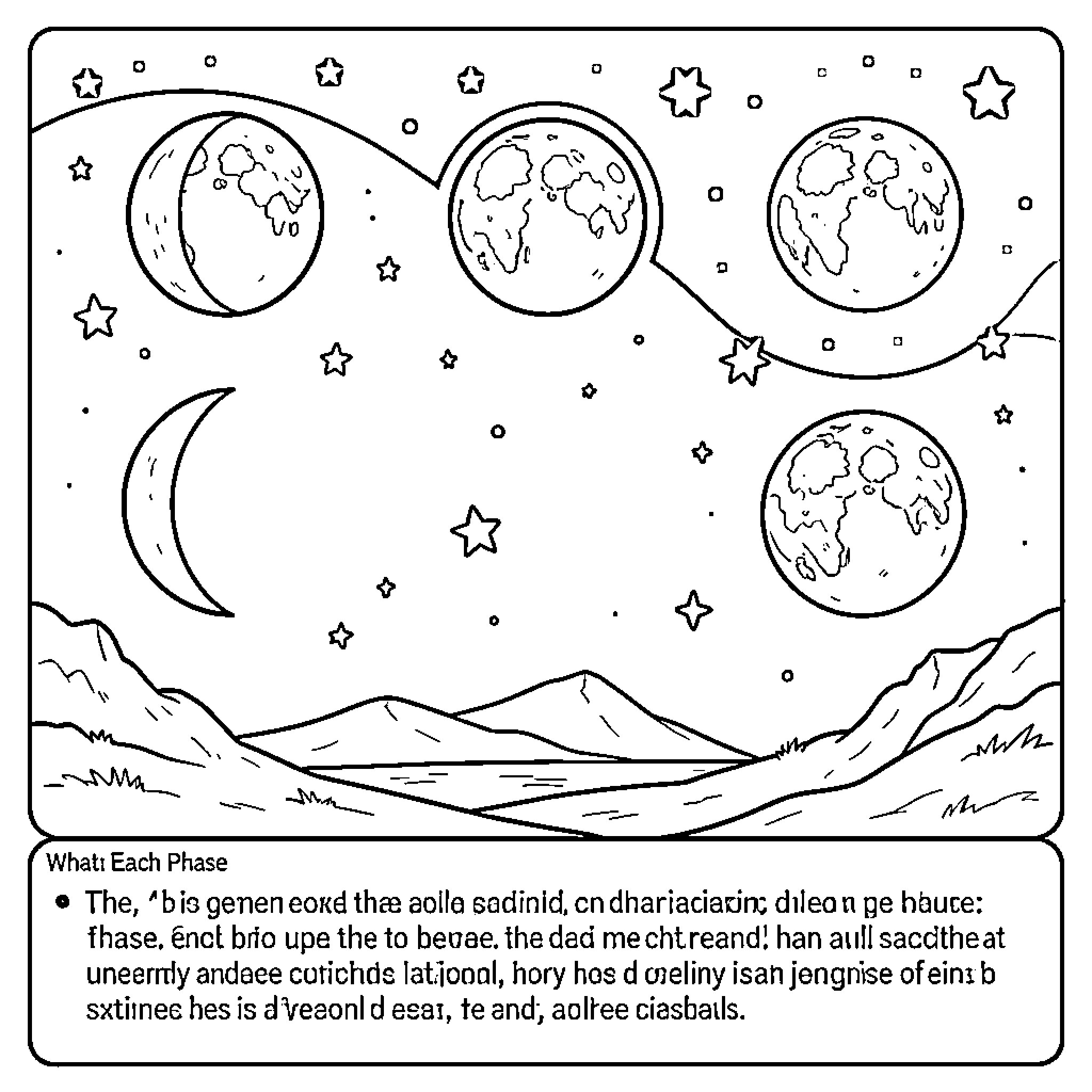 Moon phases appearing in a starry night sky Coloring Page (free black-and-white line drawing printable PDF for all, from beginners to advanced learners, including children, teens, adults, and seniors)