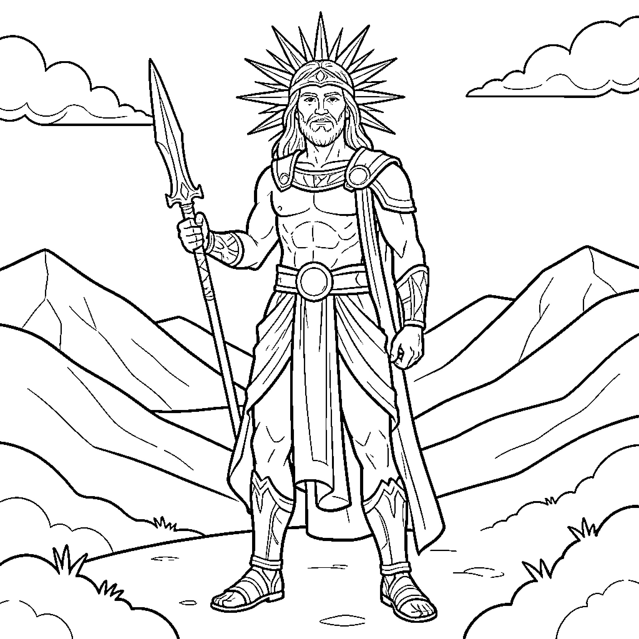 Helios standing majestically while holding a long spear Coloring Page (free black-and-white line drawing printable PDF for all, from beginners to advanced learners, including children, teens, adults, and seniors)