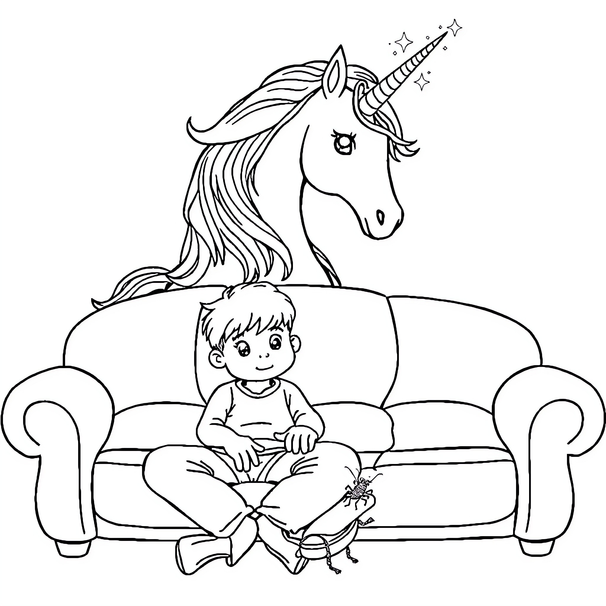 Unicorn comforting young person on couch Coloring Page (free black-and-white line drawing printable PDF for all, from beginners to advanced learners, including children, teens, adults, and seniors)