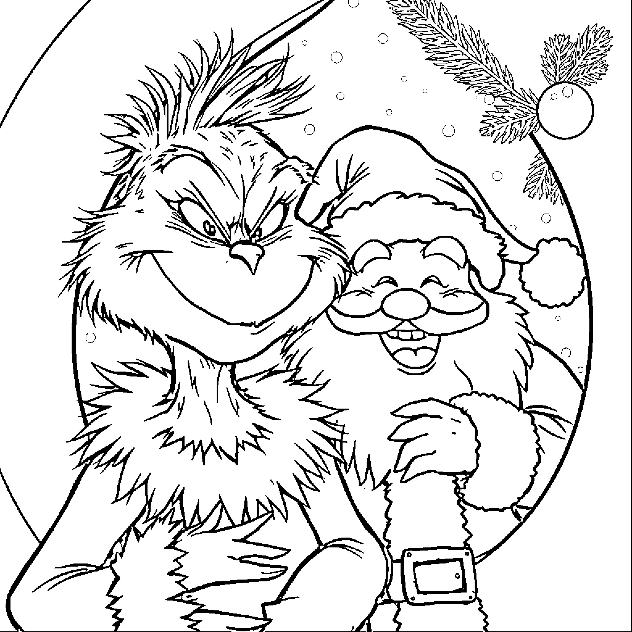 Grinch and Santa Claus sharing a festive moment Coloring Page (free black-and-white line drawing printable PDF for all, from beginners to advanced learners, including children, teens, adults, and seniors)