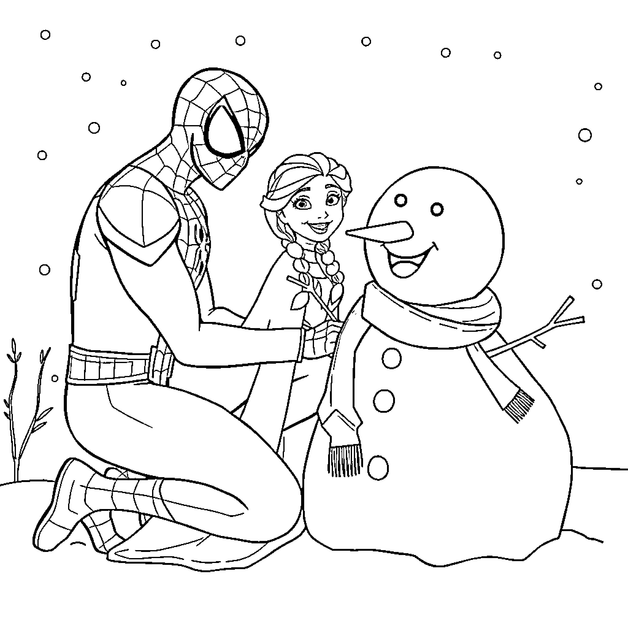 Spiderman helps Elsa build a snowman Coloring Page (free black-and-white line drawing printable PDF for all, from beginners to advanced learners, including children, teens, adults, and seniors)