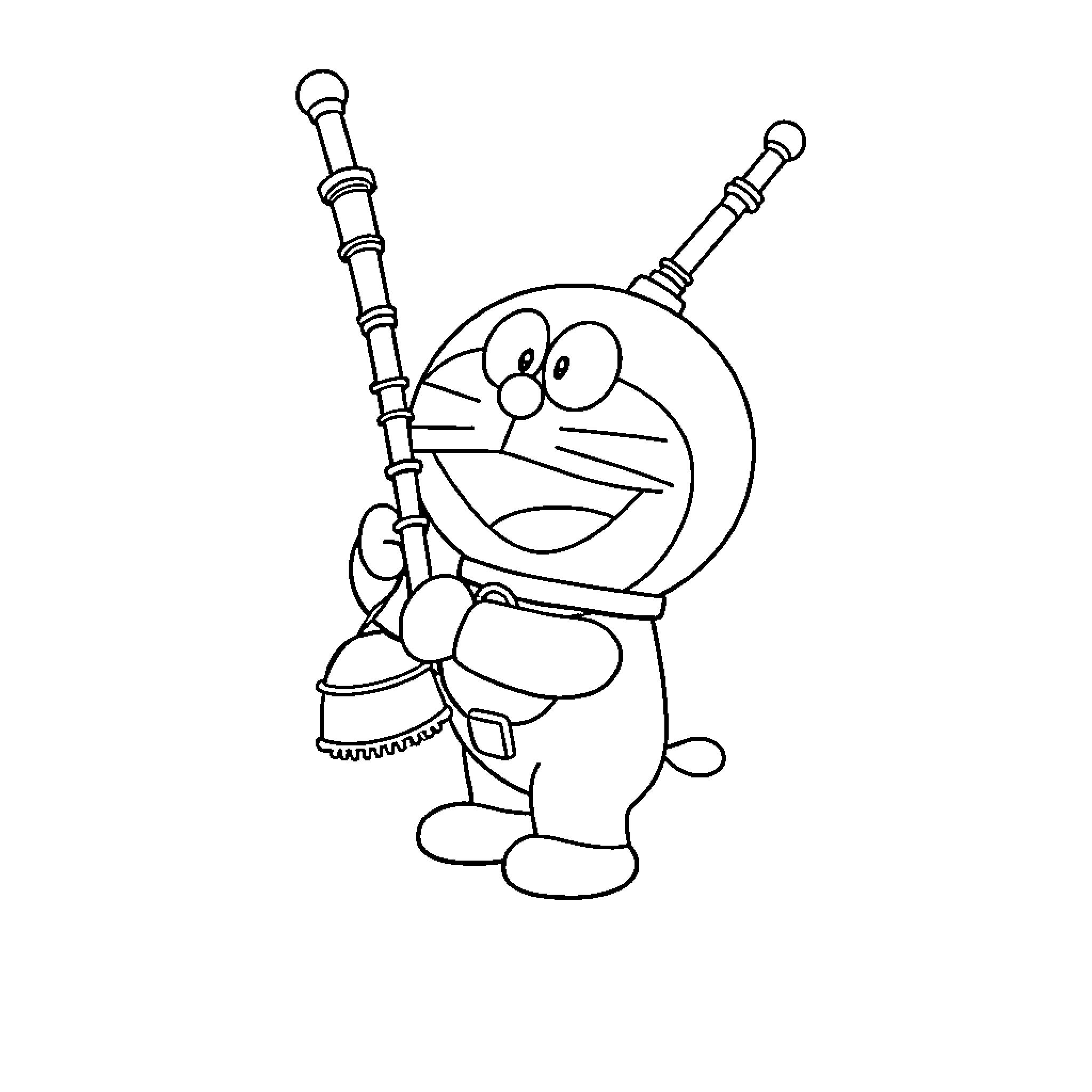 Doraemon playing with a musical instrument Coloring Page (free black-and-white line drawing printable PDF for all, from beginners to advanced learners, including children, teens, adults, and seniors)