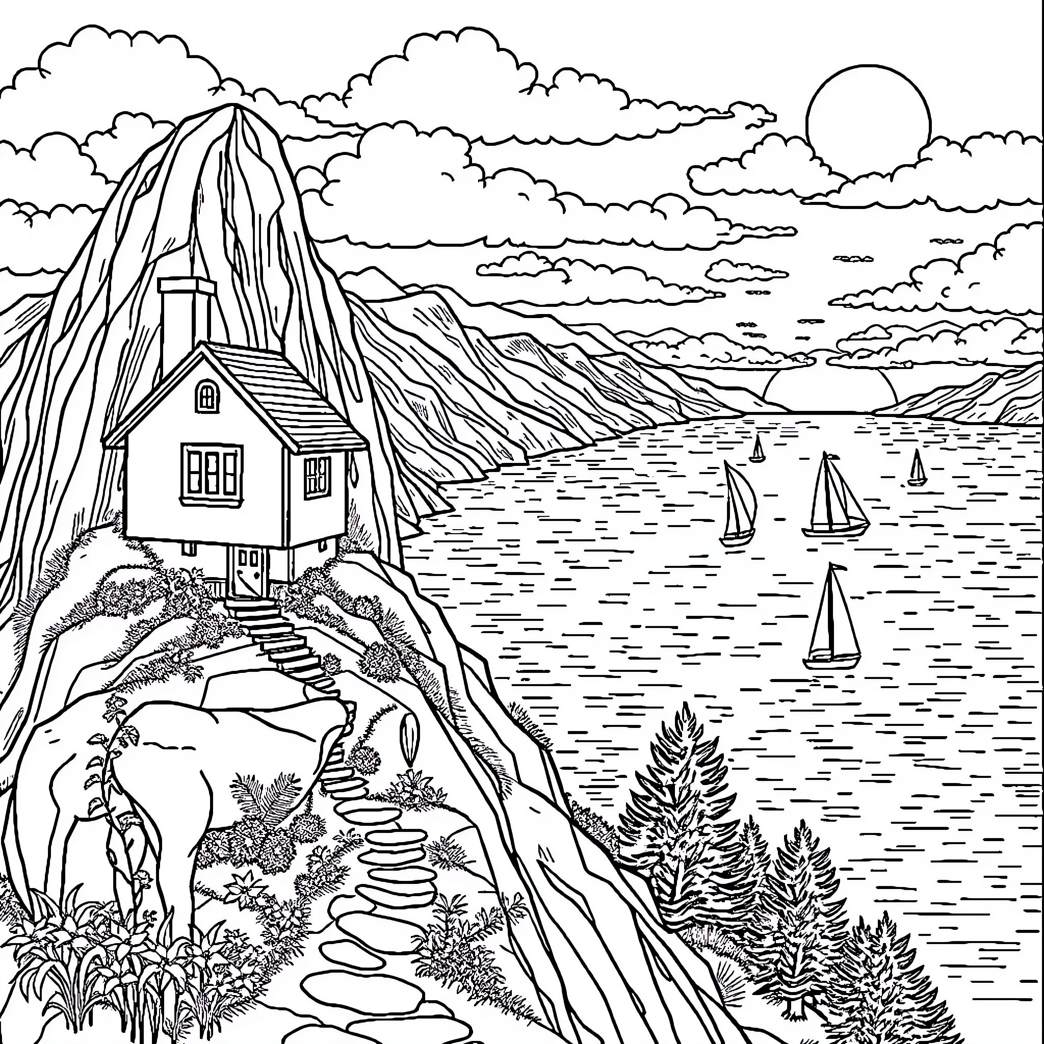 Cottage by the Serene Seaside Coloring Page (free black-and-white line drawing printable PDF for all, from beginners to advanced learners, including children, teens, adults, and seniors)