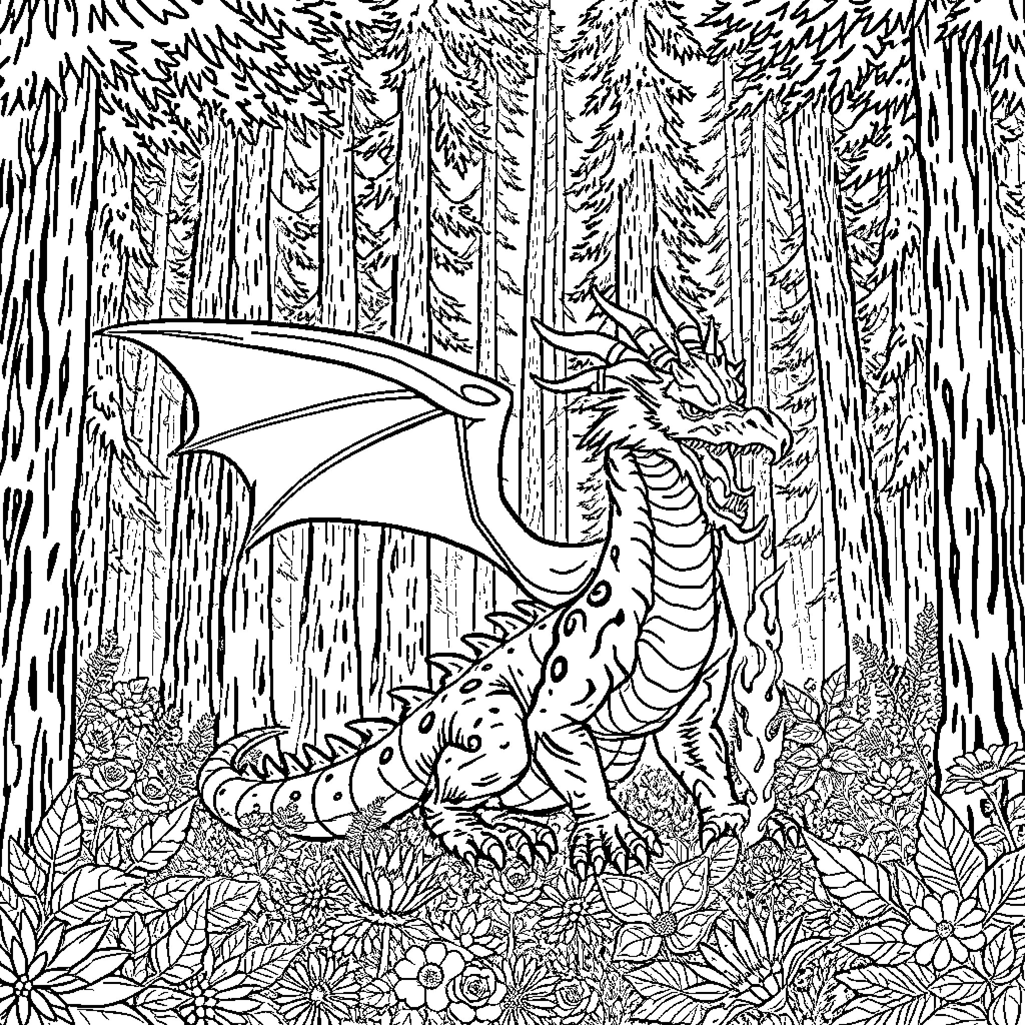 Dragonborn resting in enchanted forest Coloring Page (free black-and-white line drawing printable PDF for all, from beginners to advanced learners, including children, teens, adults, and seniors)