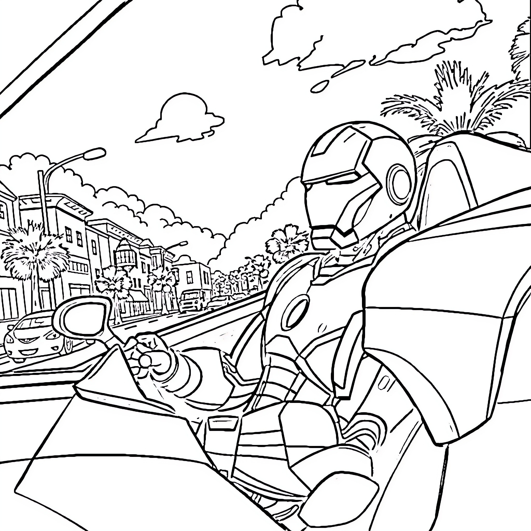 Iron Man Battles Villain Amid Cityscape Coloring Page (free black-and-white line drawing printable PDF for all, from beginners to advanced learners, including children, teens, adults, and seniors)