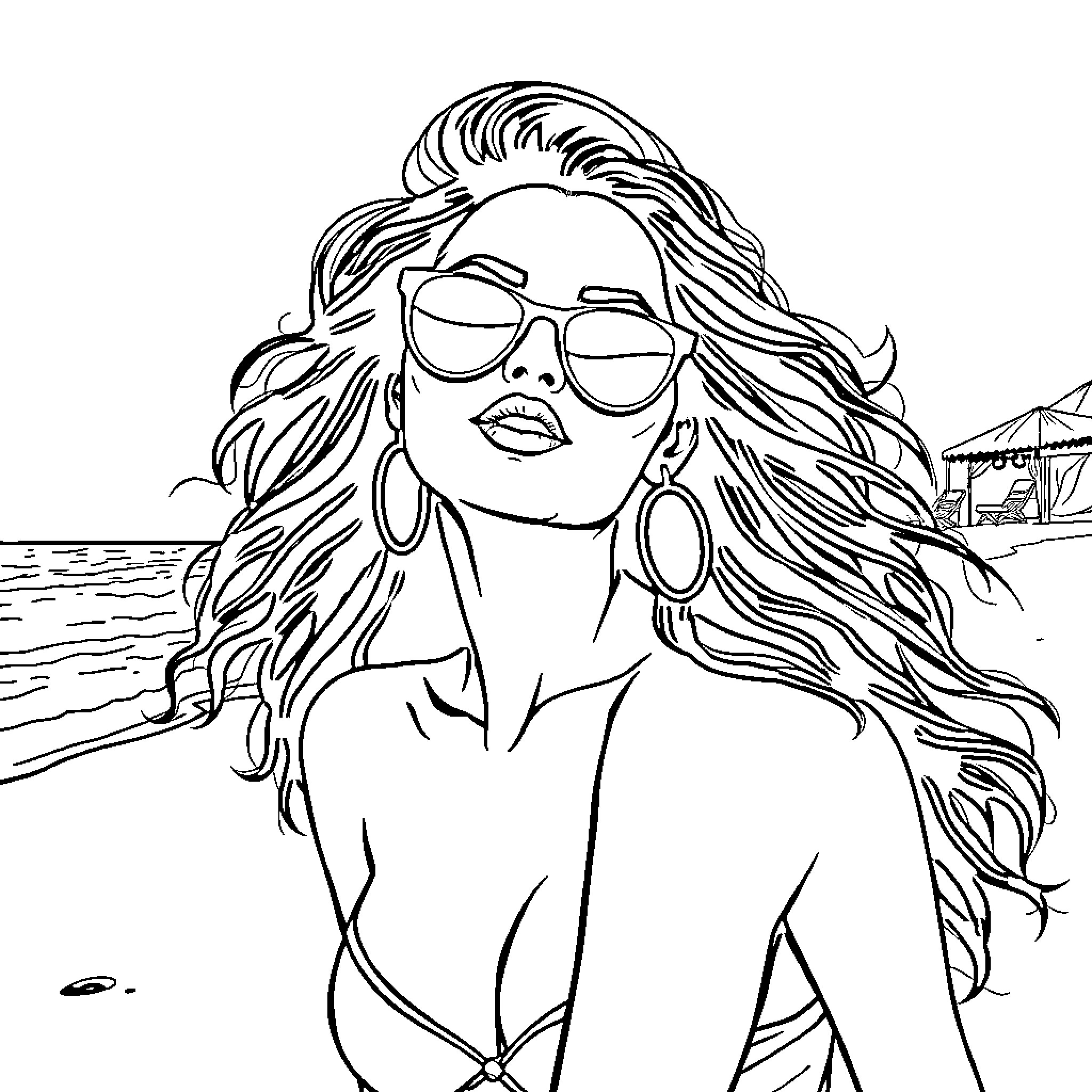 Lady relaxing by the beach in sunglasses Coloring Page (free black-and-white line drawing printable PDF for all, from beginners to advanced learners, including children, teens, adults, and seniors)