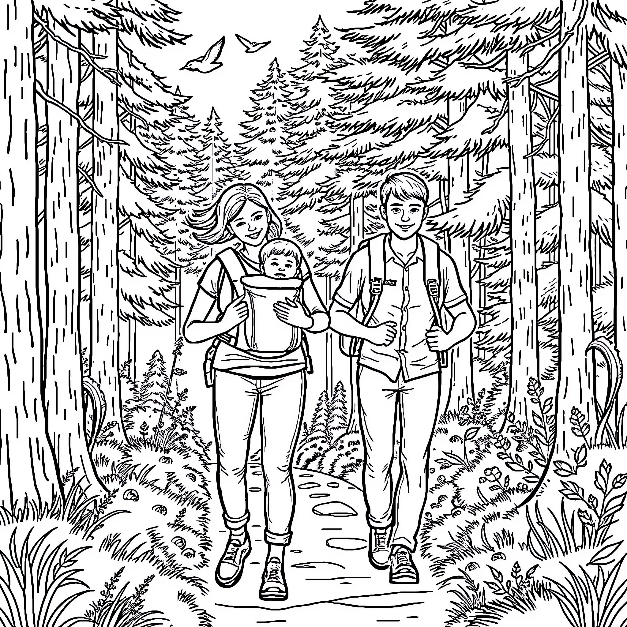 Family Hiking Through a Scenic Forest Trail Coloring Page (free black-and-white line drawing printable PDF for all, from beginners to advanced learners, including children, teens, adults, and seniors)