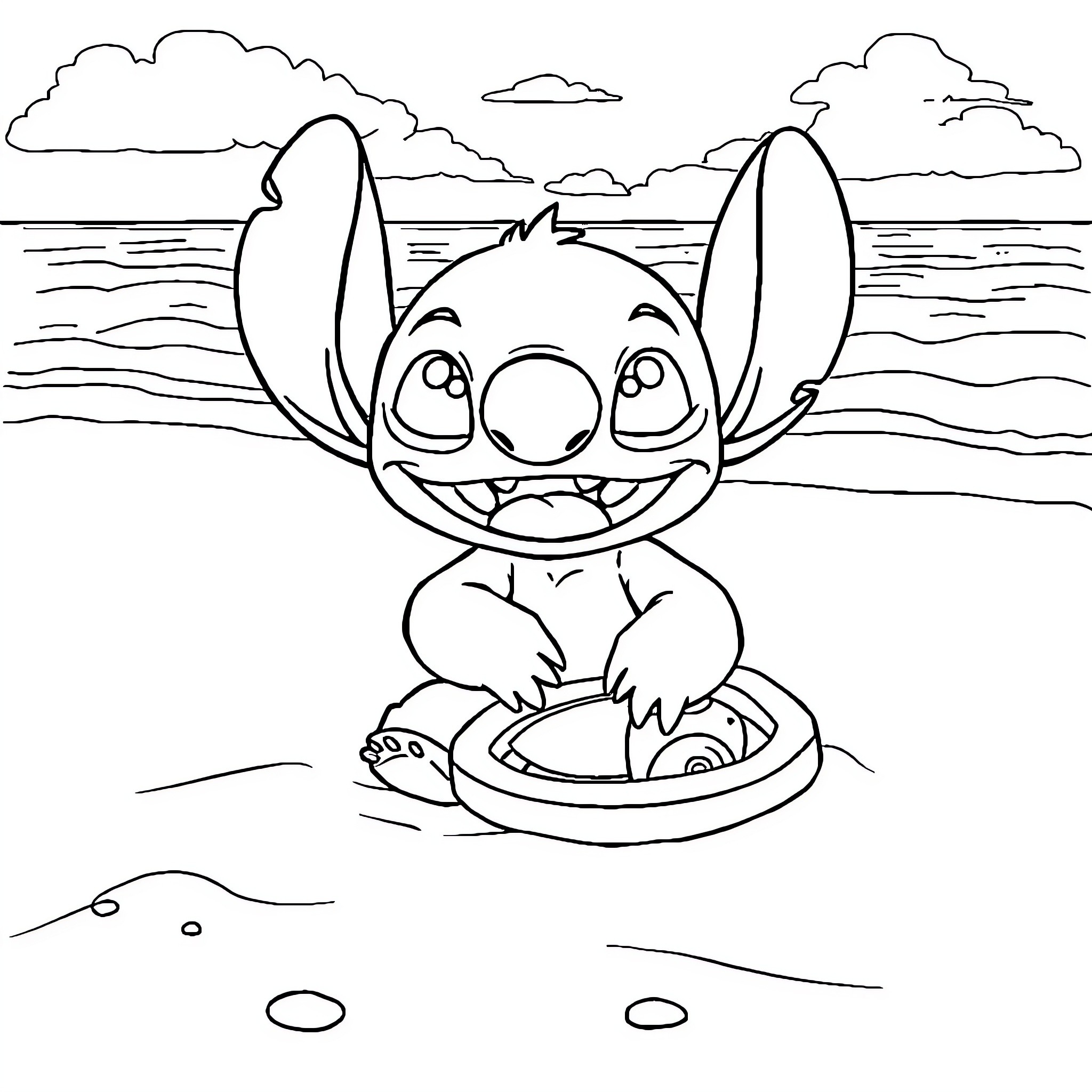Stitch relaxing on the beach Coloring Page (free black-and-white line drawing printable PDF for all, from beginners to advanced learners, including children, teens, adults, and seniors)