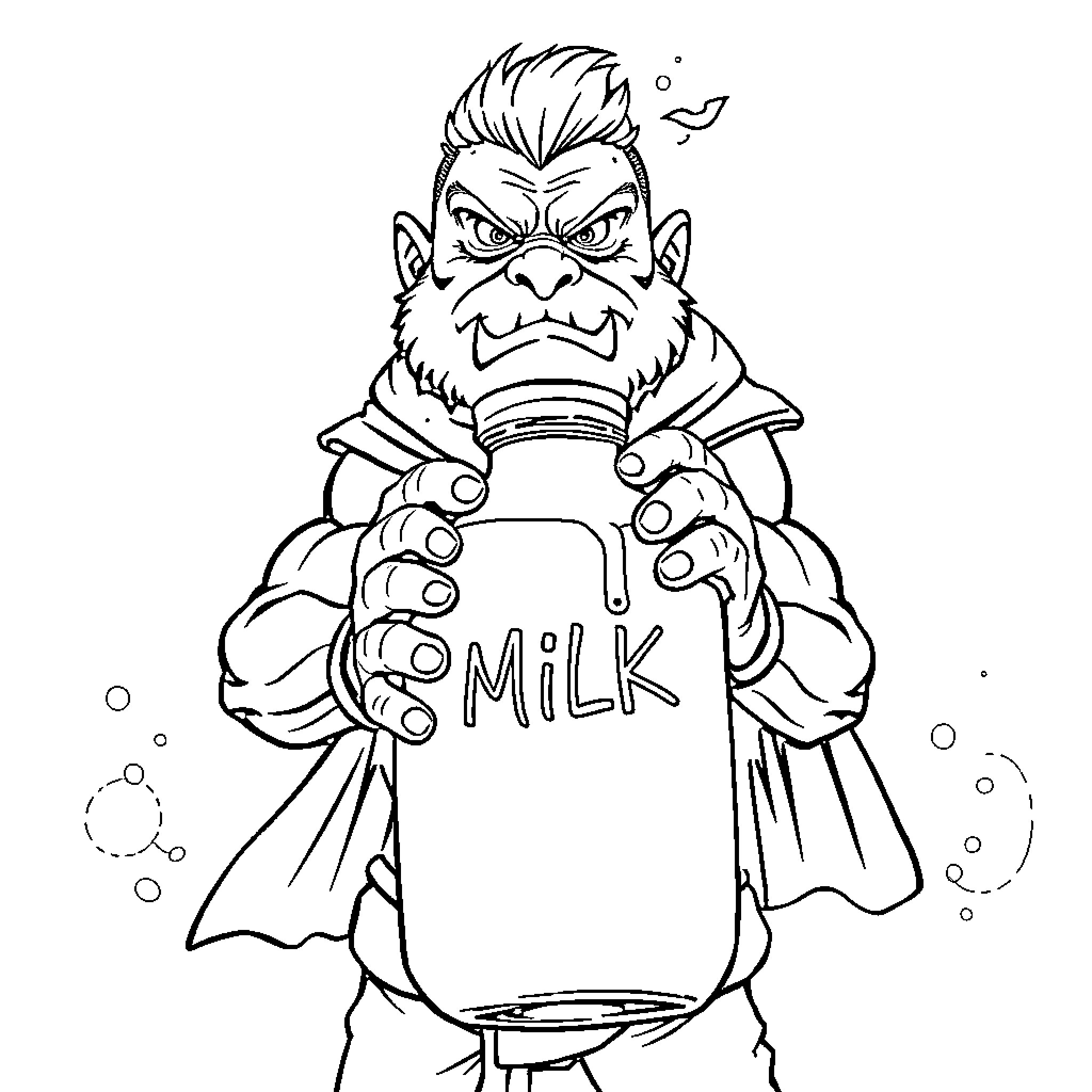 Sangoku Milk Monster Holding Glass Coloring Page (free black-and-white line drawing printable PDF for all, from beginners to advanced learners, including children, teens, adults, and seniors)