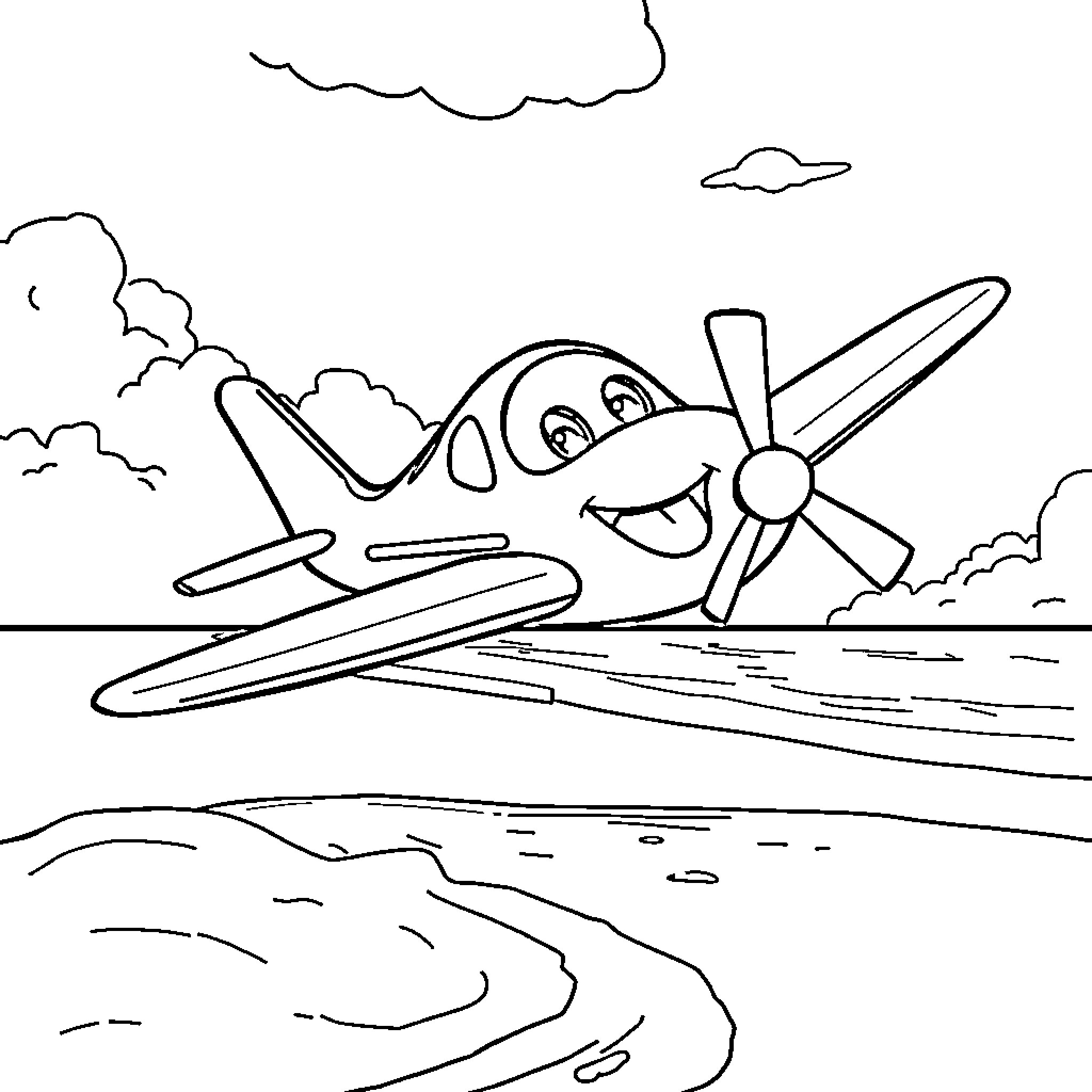 Plane flying happily over the landscape Coloring Page (free black-and-white line drawing printable PDF for all, from beginners to advanced learners, including children, teens, adults, and seniors)