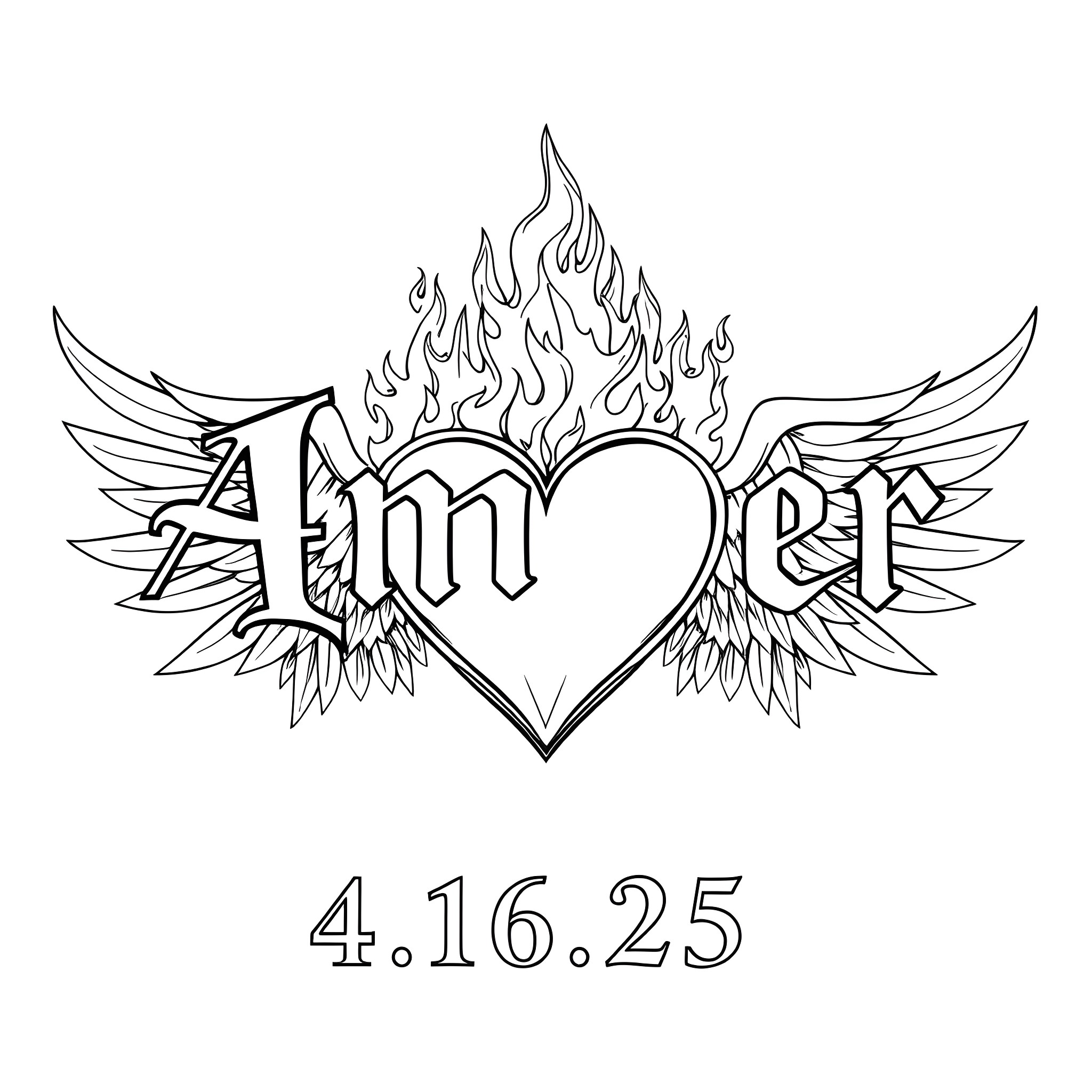 Heart with Flames and Winged Design Coloring Page (free black-and-white line drawing printable PDF for all, from beginners to advanced learners, including children, teens, adults, and seniors)