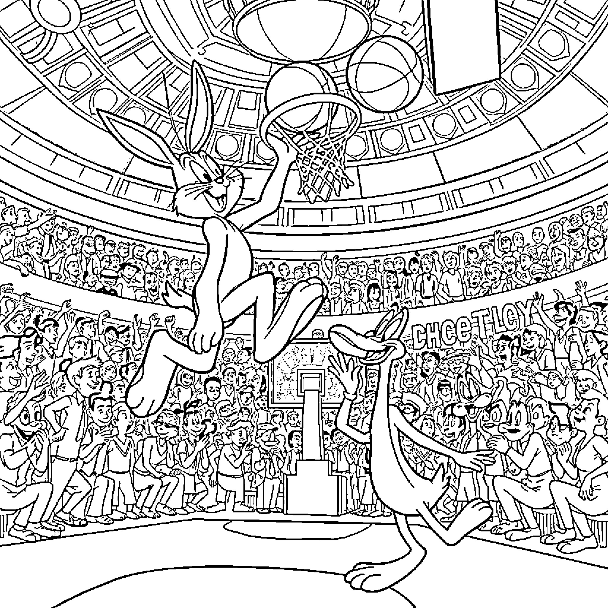 Bugs Bunny performing amazing stunts for a cheering crowd Coloring Page (free black-and-white line drawing printable PDF for all, from beginners to advanced learners, including children, teens, adults, and seniors)