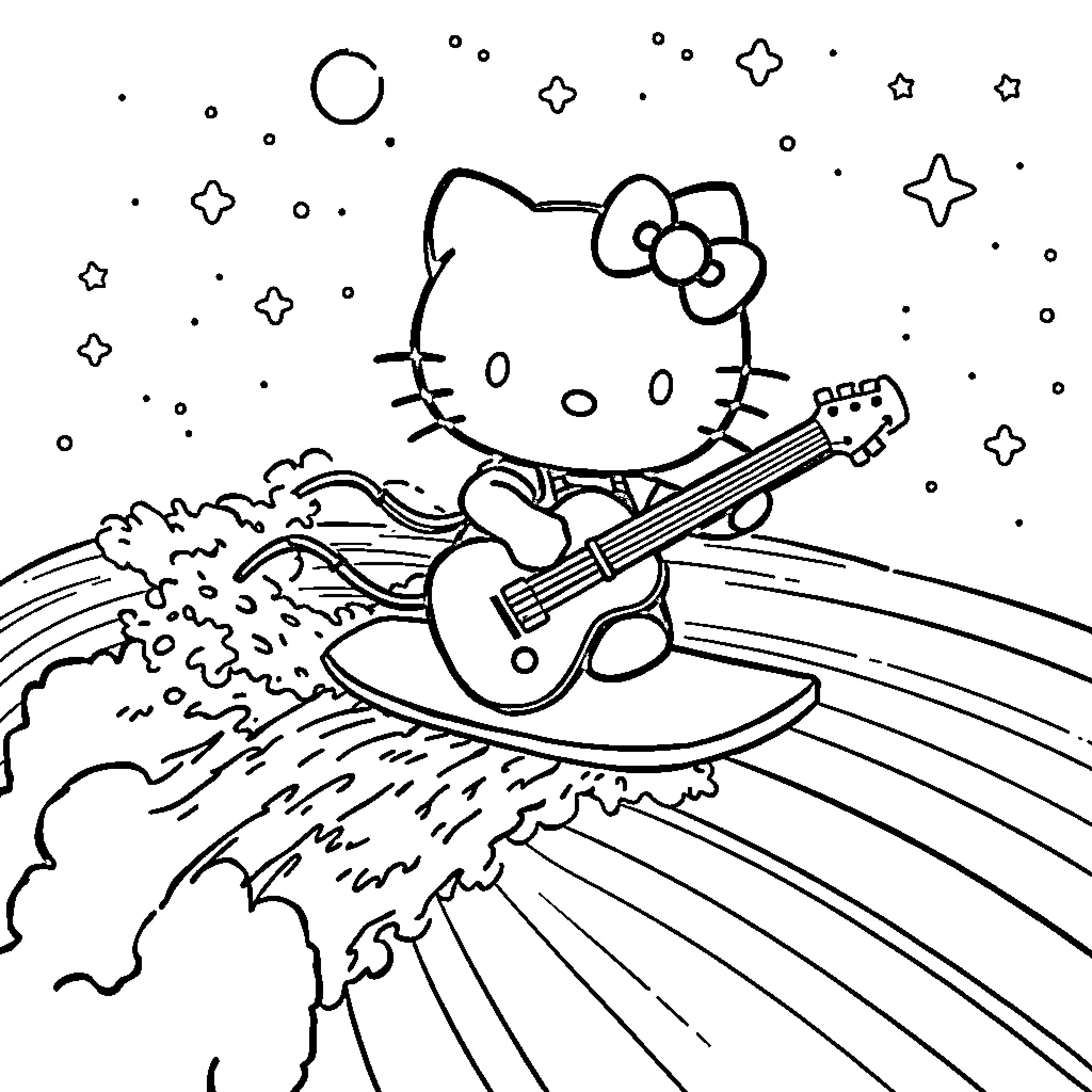 Hello Kitty playing guitar in the starry night Coloring Page (free black-and-white line drawing printable PDF for all, from beginners to advanced learners, including children, teens, adults, and seniors)