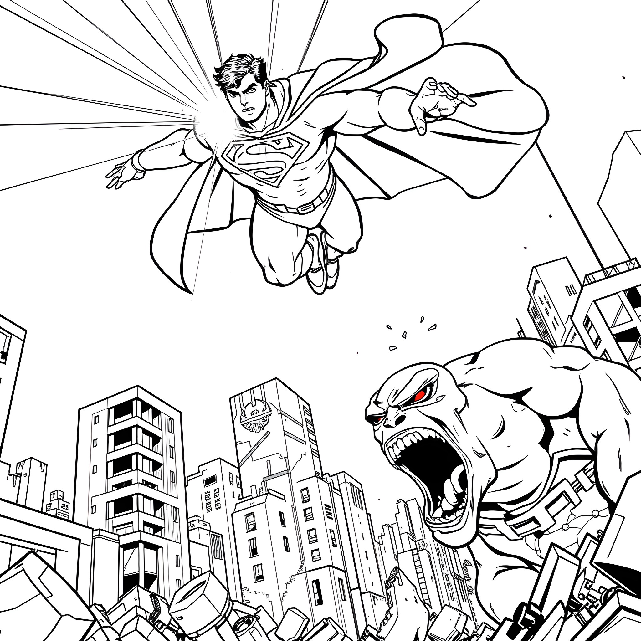 Superman saving the city from a monstrous threat Coloring Page (free black-and-white line drawing printable PDF for all, from beginners to advanced learners, including children, teens, adults, and seniors)