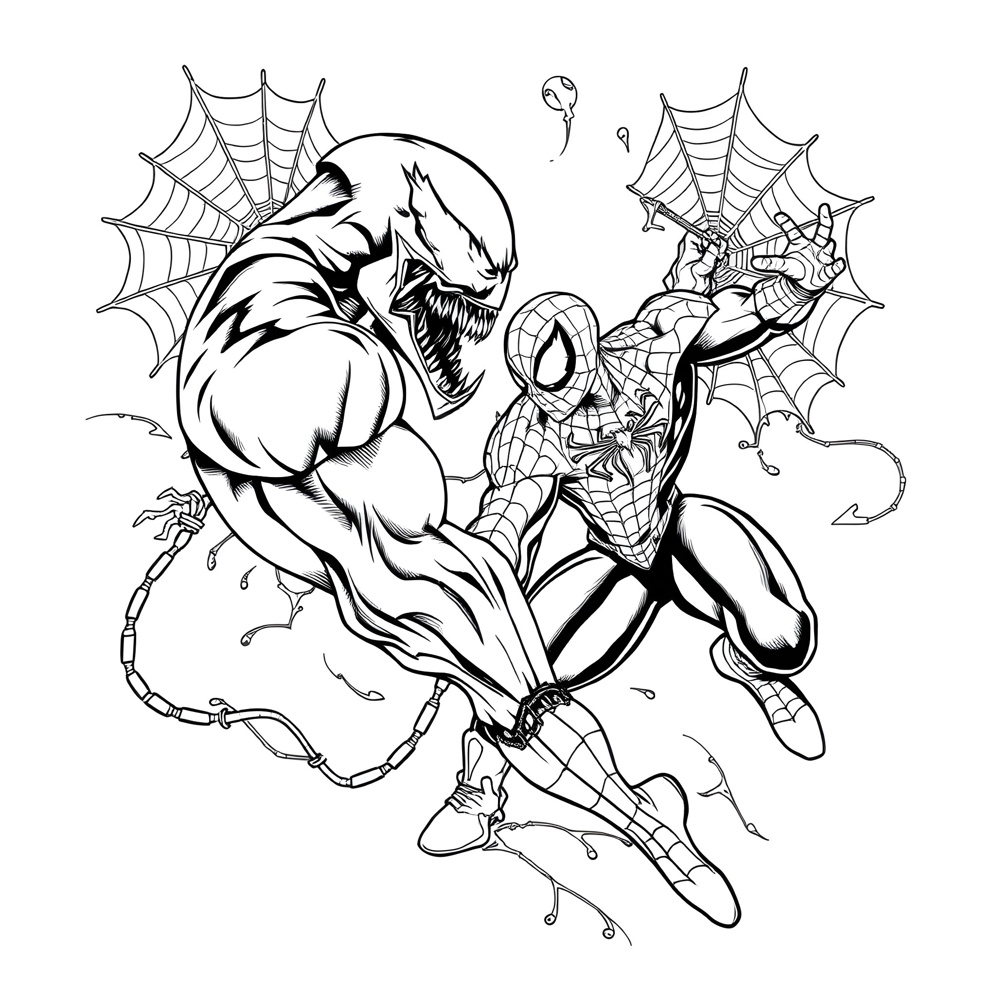 Venom Unleashed: Spider-Man's Tense Encounter Coloring Page (free black-and-white line drawing printable PDF for all, from beginners to advanced learners, including children, teens, adults, and seniors)