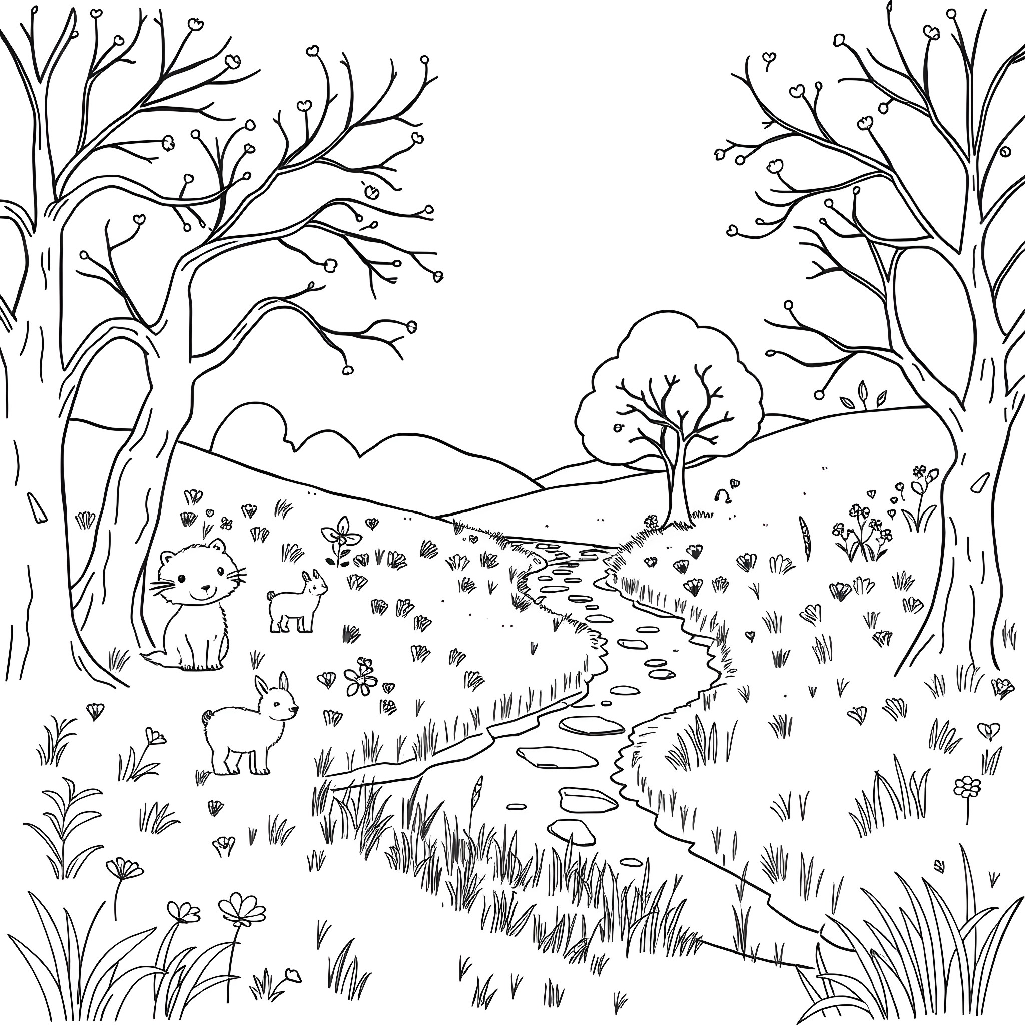 Nature scene with playful animals in forest Coloring Page (free black-and-white line drawing printable PDF for all, from beginners to advanced learners, including children, teens, adults, and seniors)