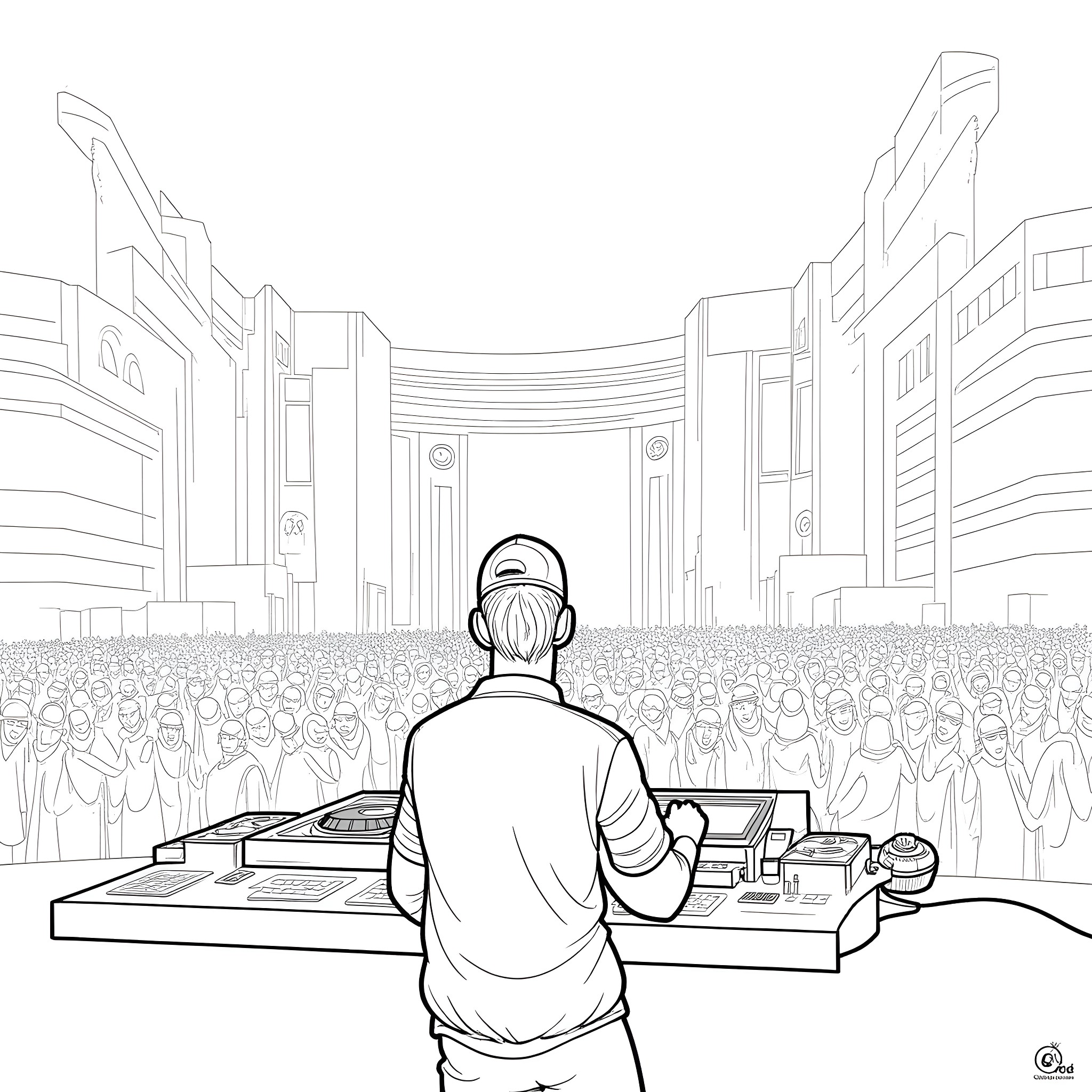 Pharmacist speaking to a crowd in an auditorium Coloring Page (free black-and-white line drawing printable PDF for all, from beginners to advanced learners, including children, teens, adults, and seniors)