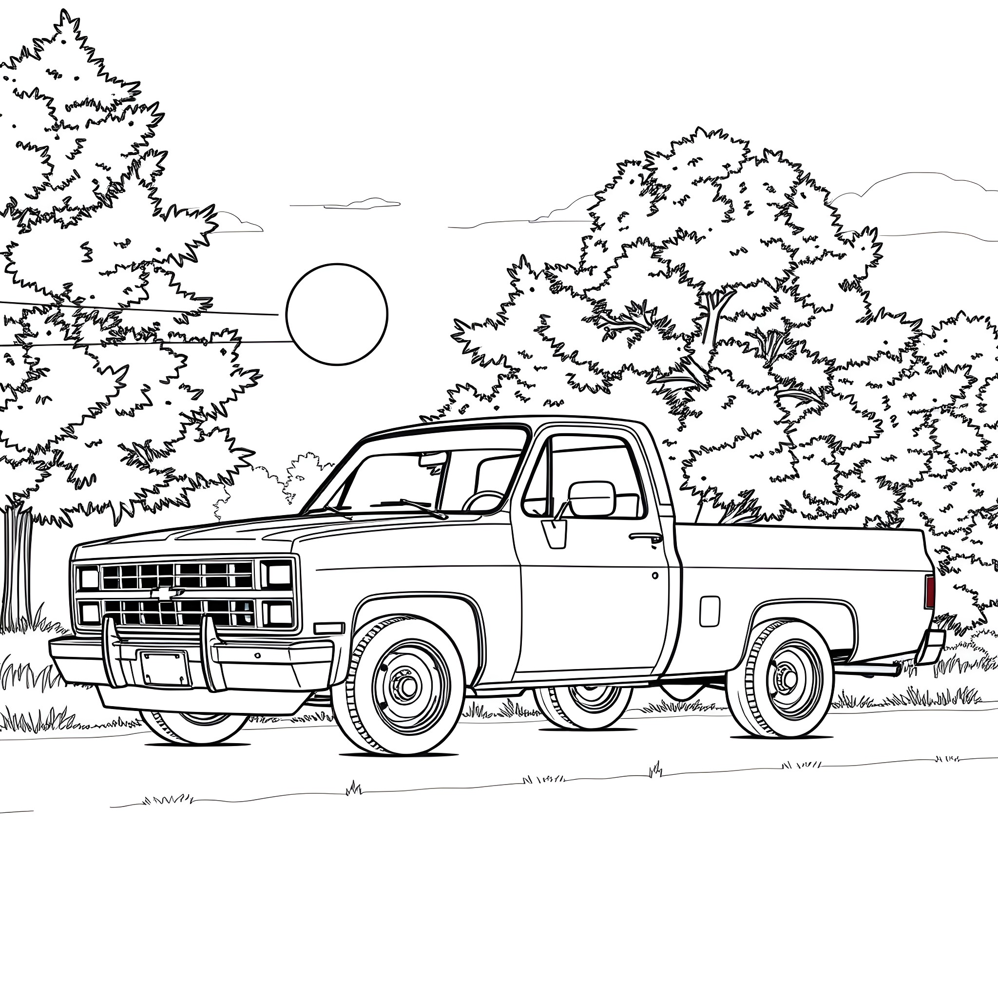 Chevrolet pickup truck in a scenic forest landscape Coloring Page (free black-and-white line drawing printable PDF for all, from beginners to advanced learners, including children, teens, adults, and seniors)