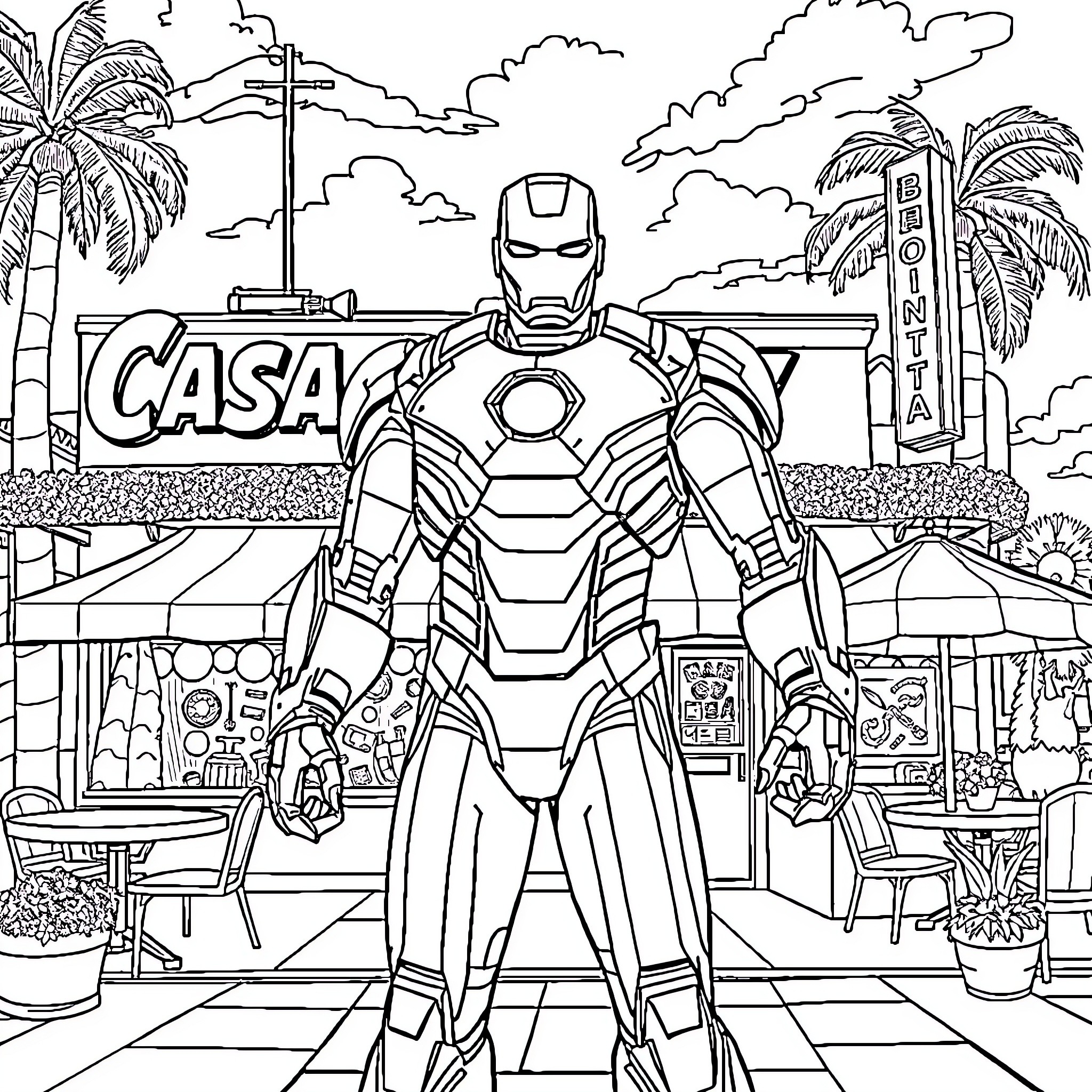 Iron Man in action-packed tropical scene Coloring Page (free black-and-white line drawing printable PDF for all, from beginners to advanced learners, including children, teens, adults, and seniors)