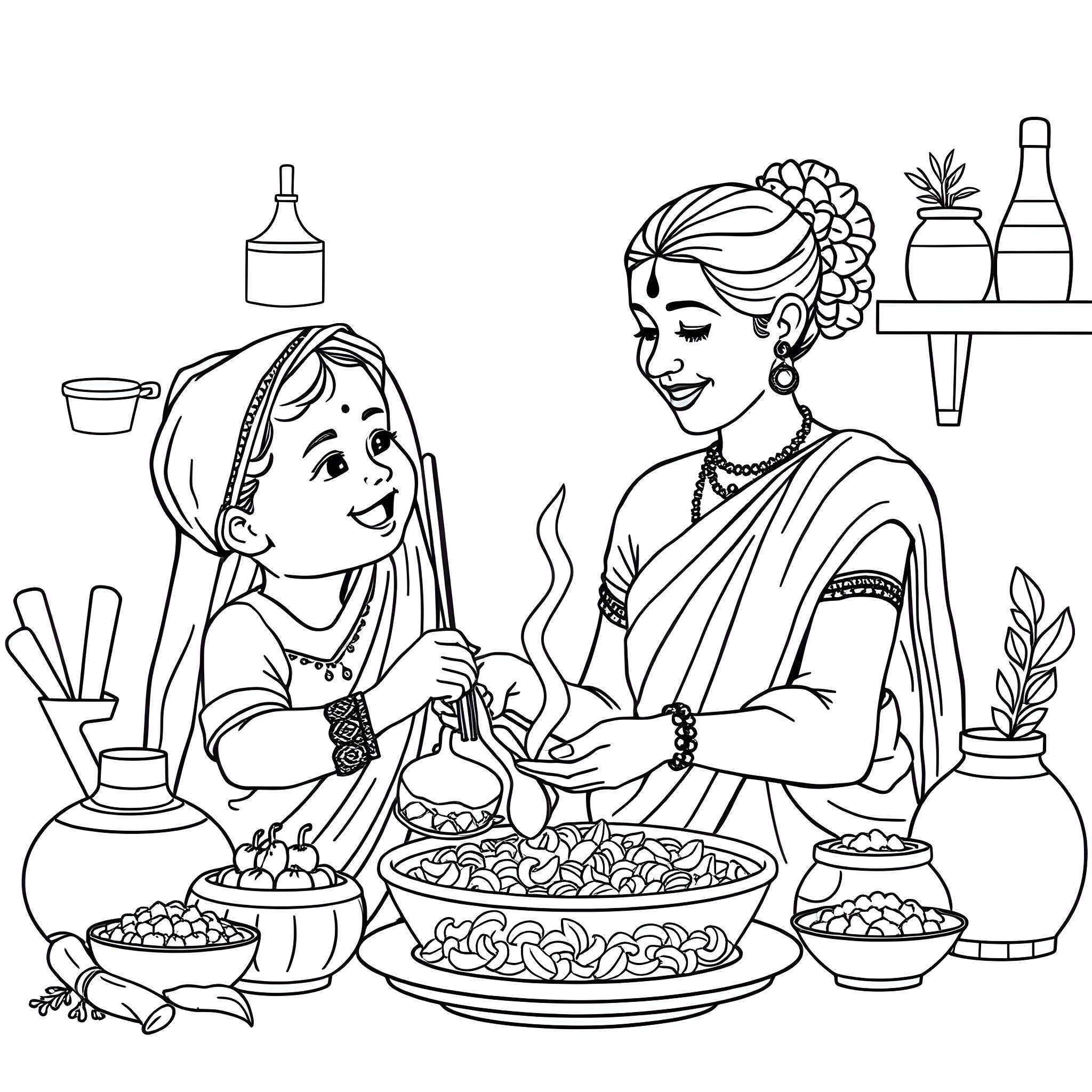 Mom and daughter cooking together in the kitchen Coloring Page (free black-and-white line drawing printable PDF for all, from beginners to advanced learners, including children, teens, adults, and seniors)
