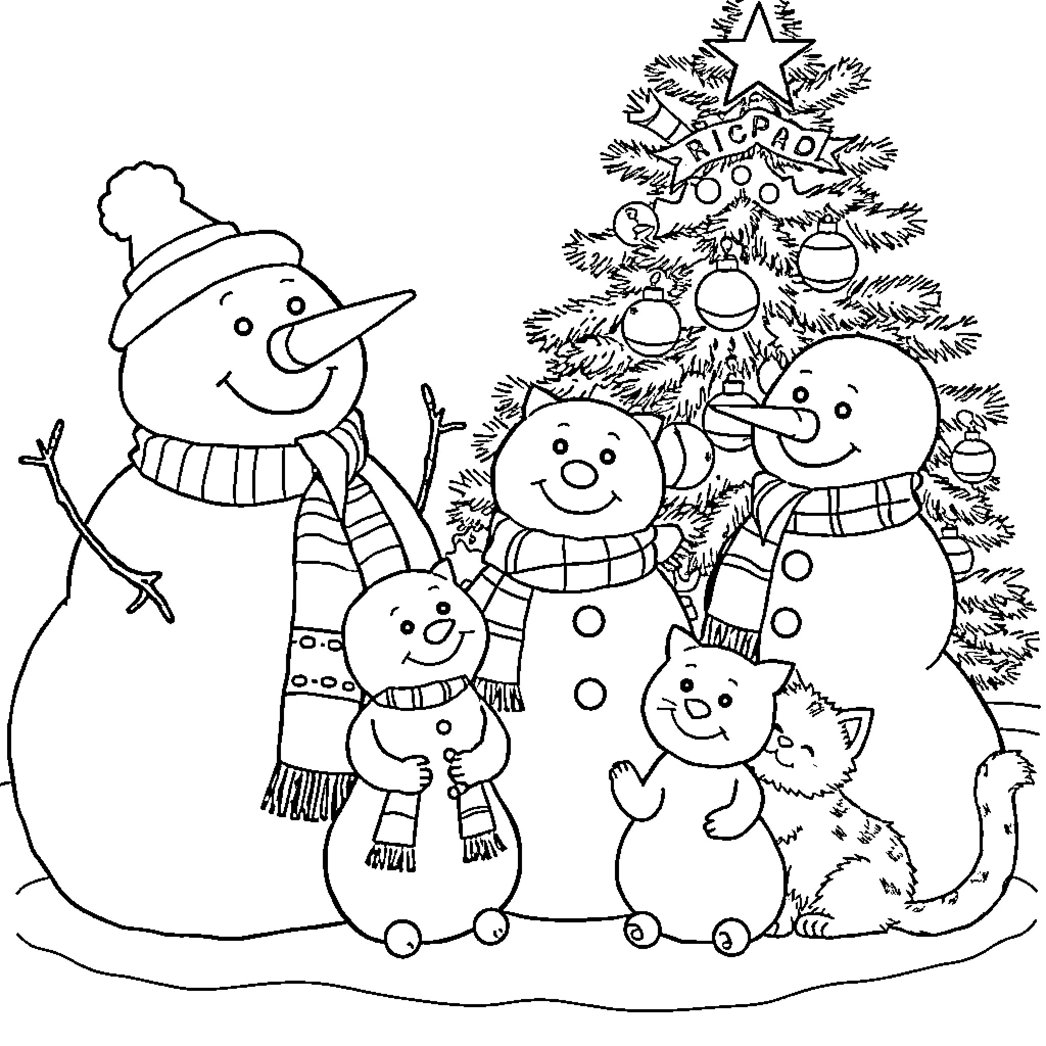 Snowman family playing around Christmas tree Coloring Page (free black-and-white line drawing printable PDF for all, from beginners to advanced learners, including children, teens, adults, and seniors)