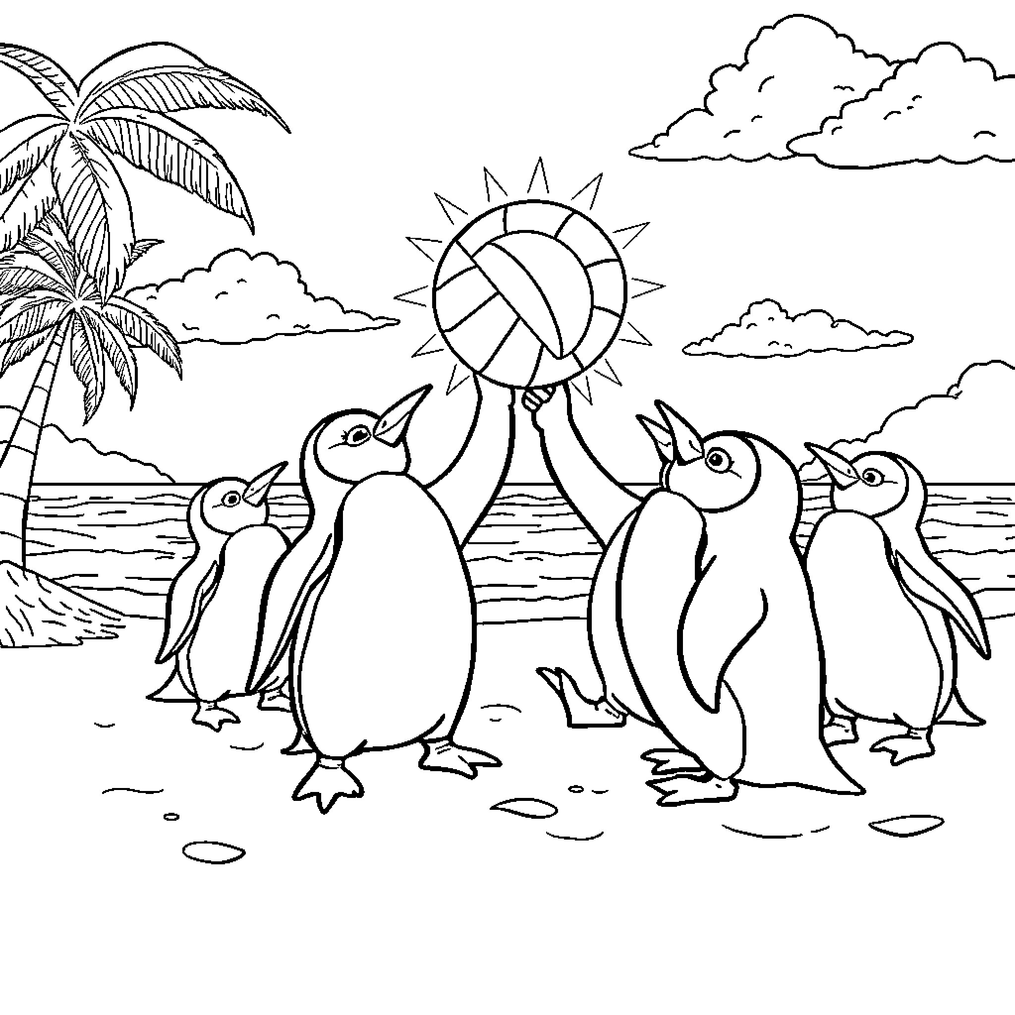 Penguins playing on the beach with a volleyball Coloring Page (free black-and-white line drawing printable PDF for all, from beginners to advanced learners, including children, teens, adults, and seniors)